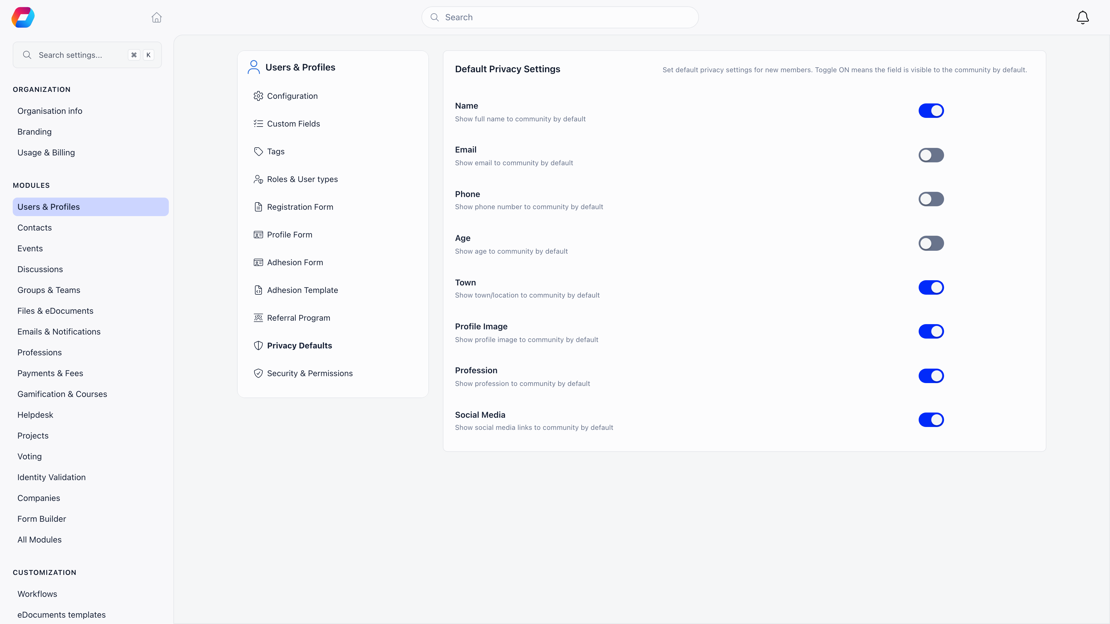 Default Privacy Settings with toggles for Name, Email, Phone, Age, Town, Profile Image, Profession and Social Media