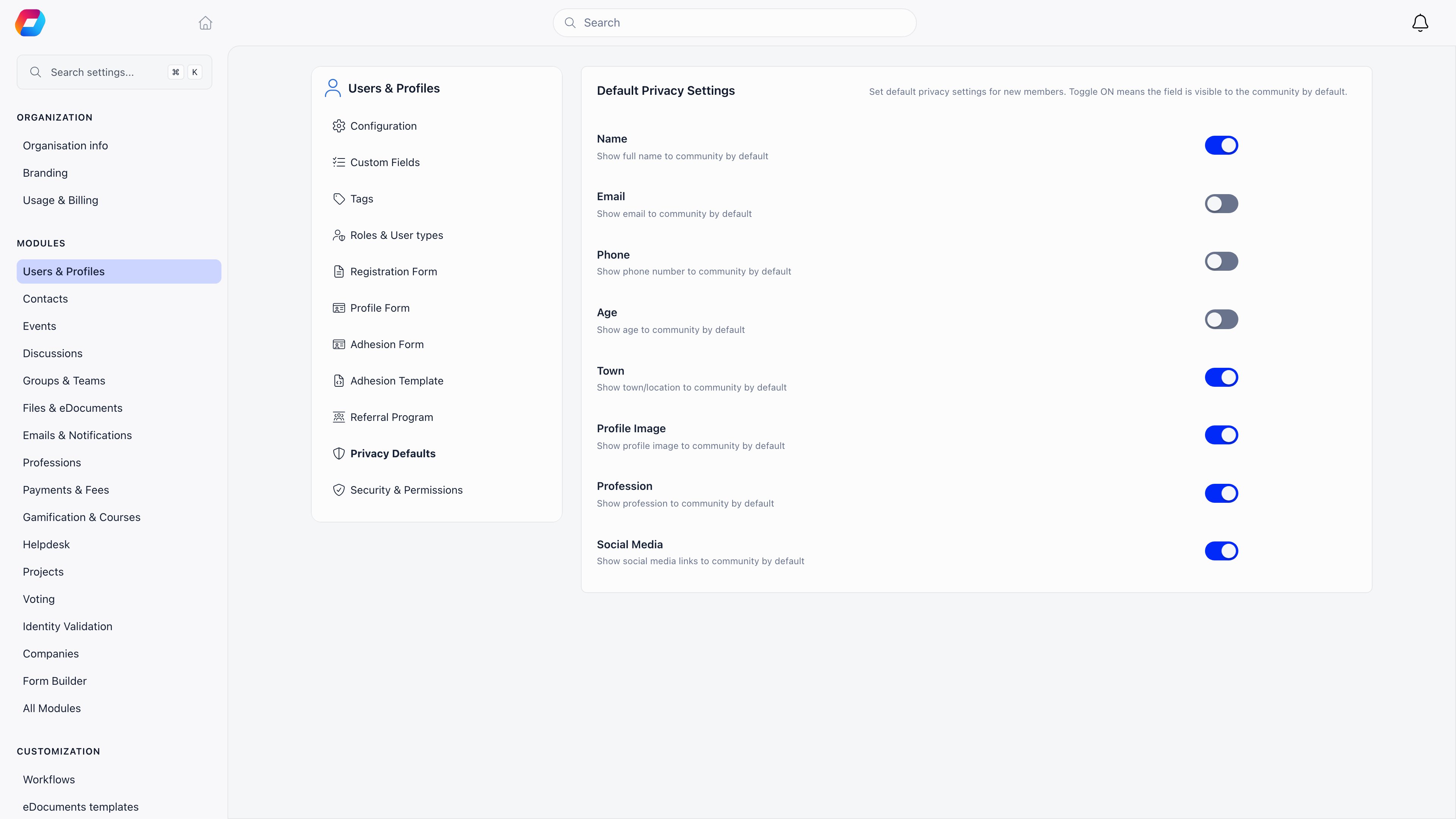 Default Privacy Settings with toggles for Name, Email, Phone, Age, Town, Profile Image, Profession and Social Media