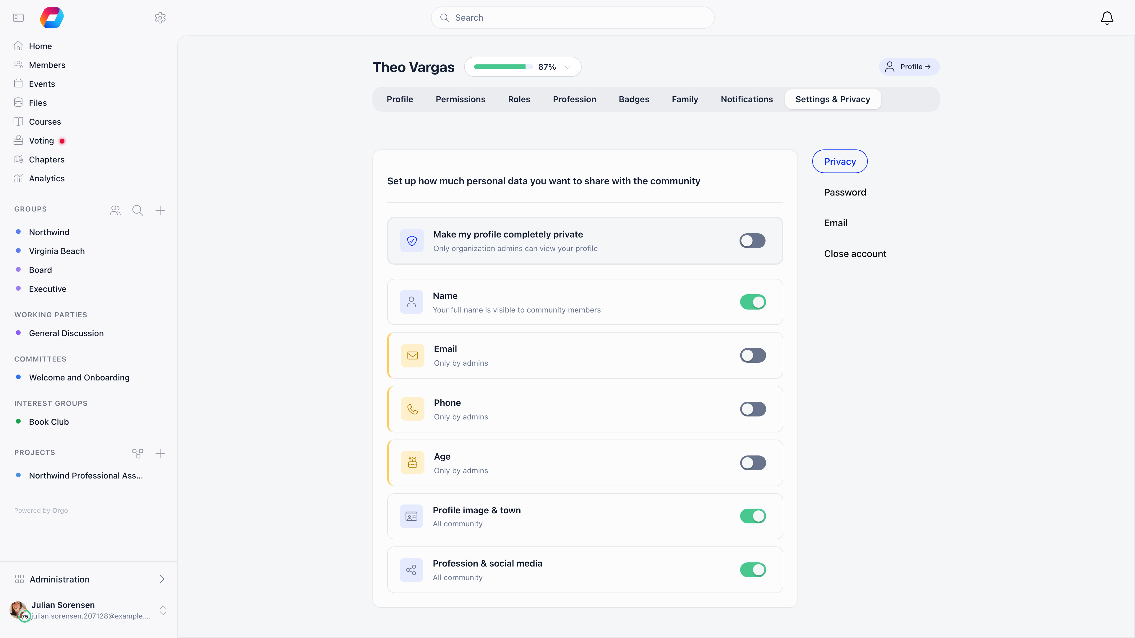 Member privacy panel with the Make my profile completely private master switch above toggles for Name, Email, Phone, Age, Profile image and town, and Profession and social media