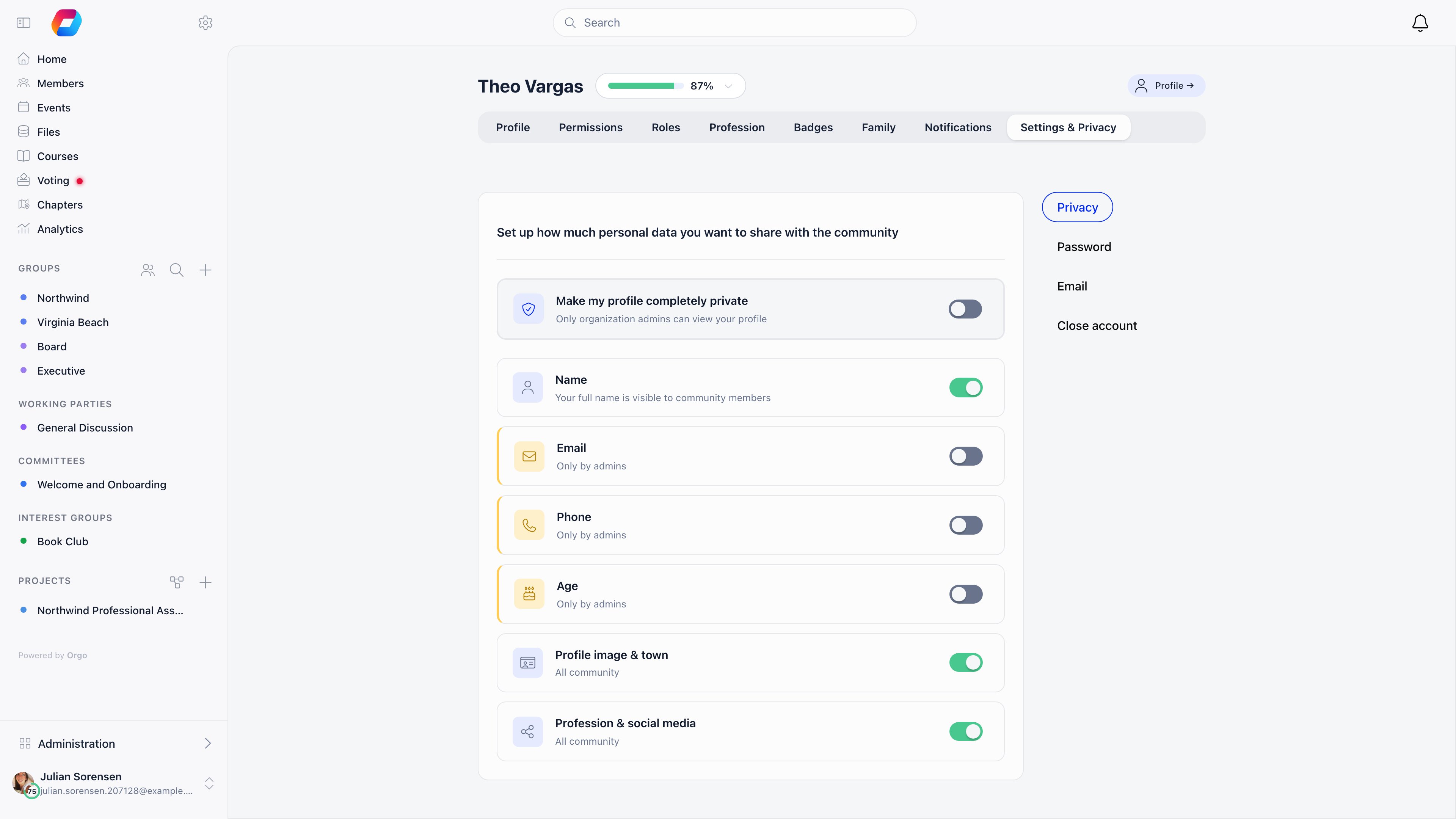 Member privacy panel with the Make my profile completely private master switch above toggles for Name, Email, Phone, Age, Profile image and town, and Profession and social media