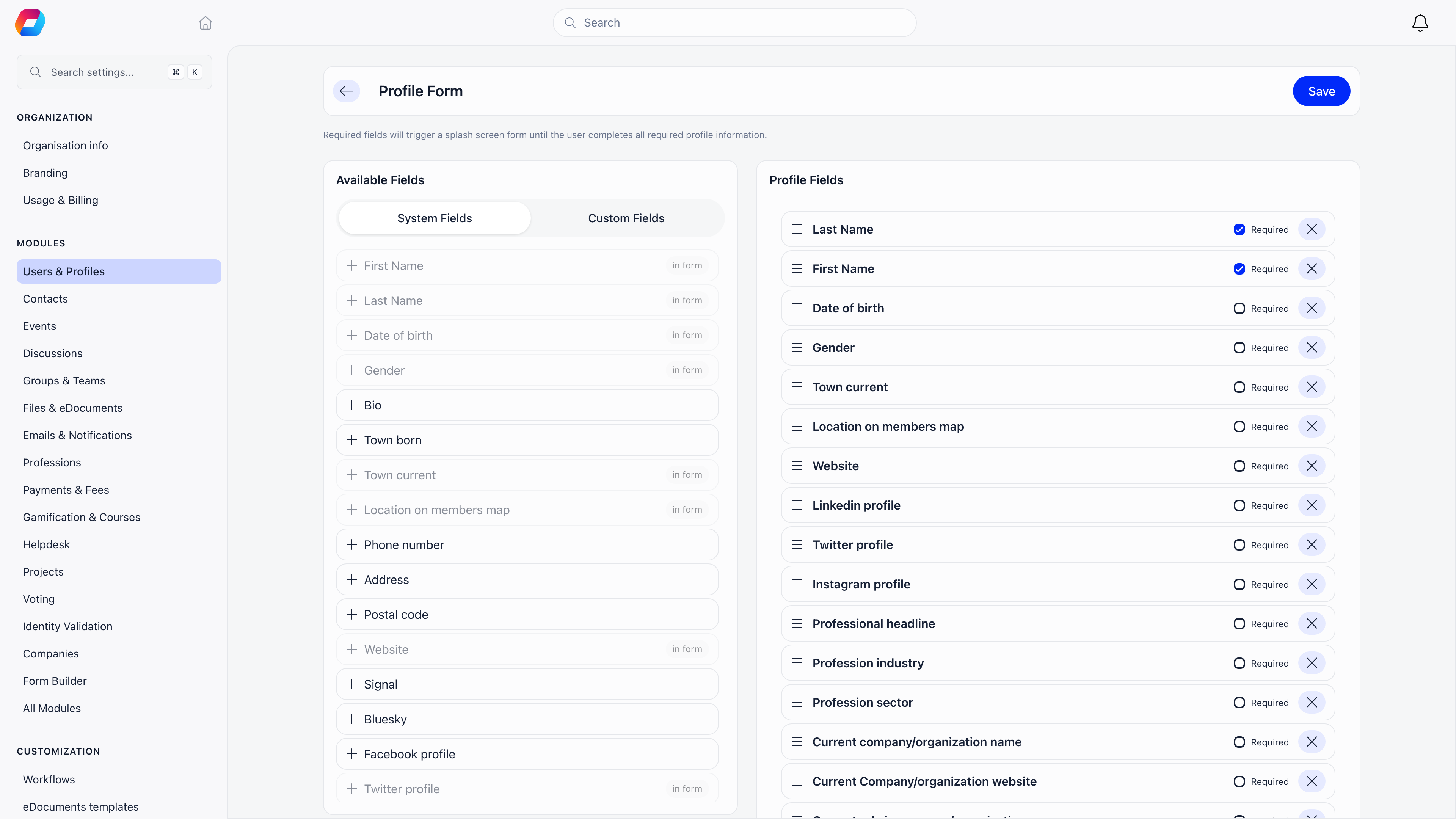 Profile Form builder with an Available Fields panel split into System Fields and Custom Fields, and a Profile Fields panel listing the chosen fields with Required checkboxes