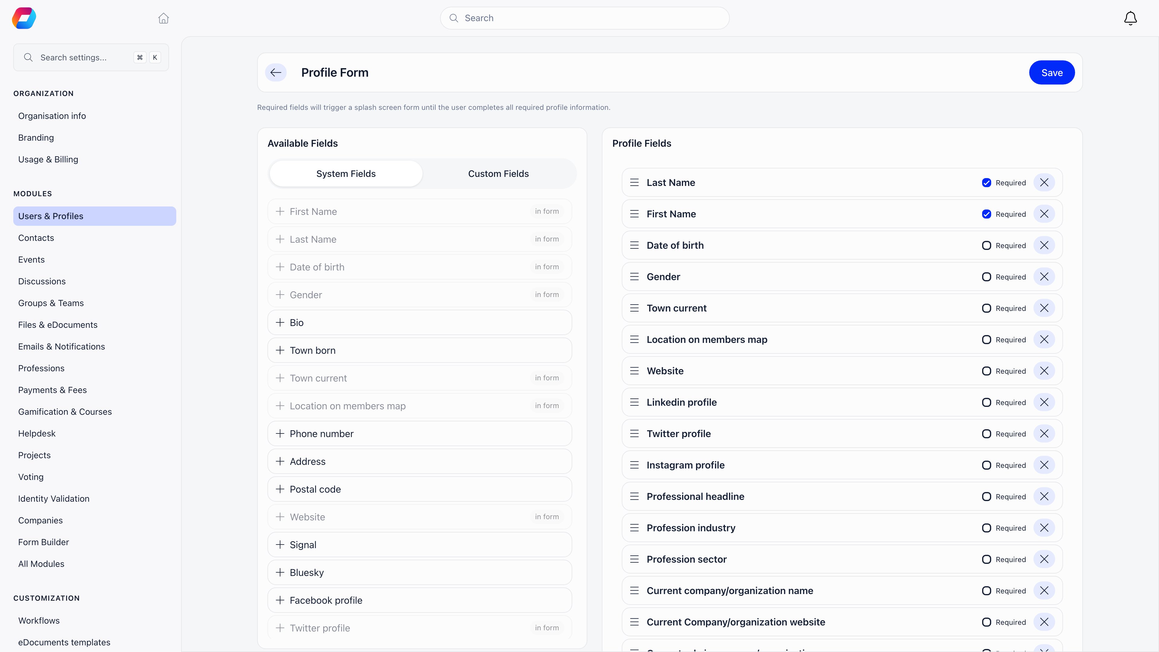 Profile Form builder with an Available Fields panel split into System Fields and Custom Fields, and a Profile Fields panel listing the chosen fields with Required checkboxes