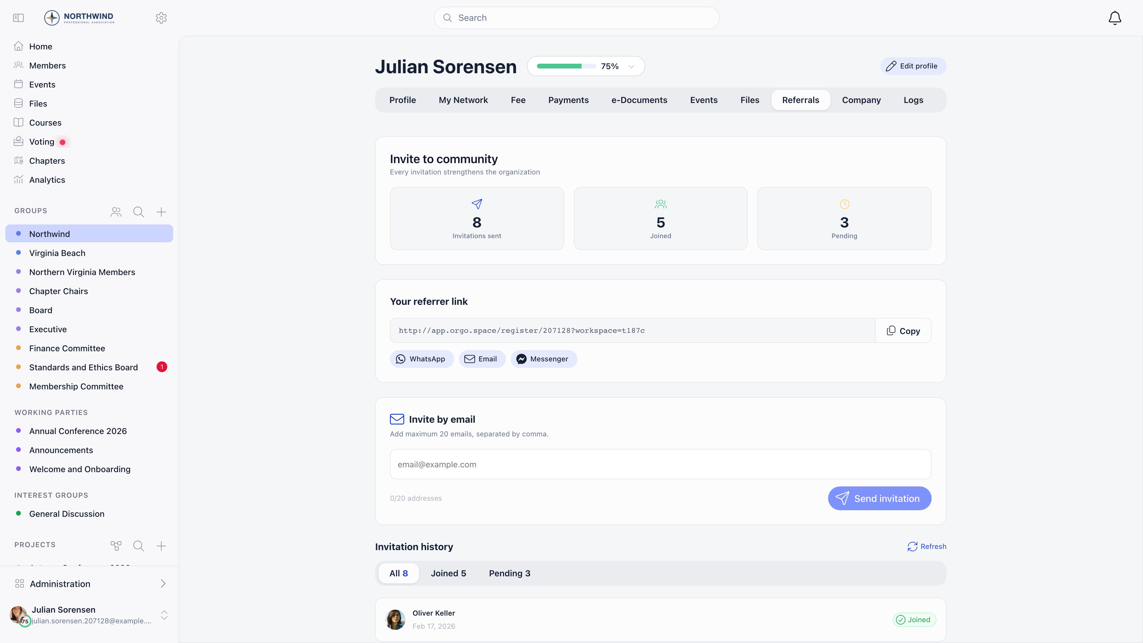 Referrals tab on a member profile with the sent, joined and pending counters, the personal referrer link with copy and share buttons, the invite by email box and the invitation history