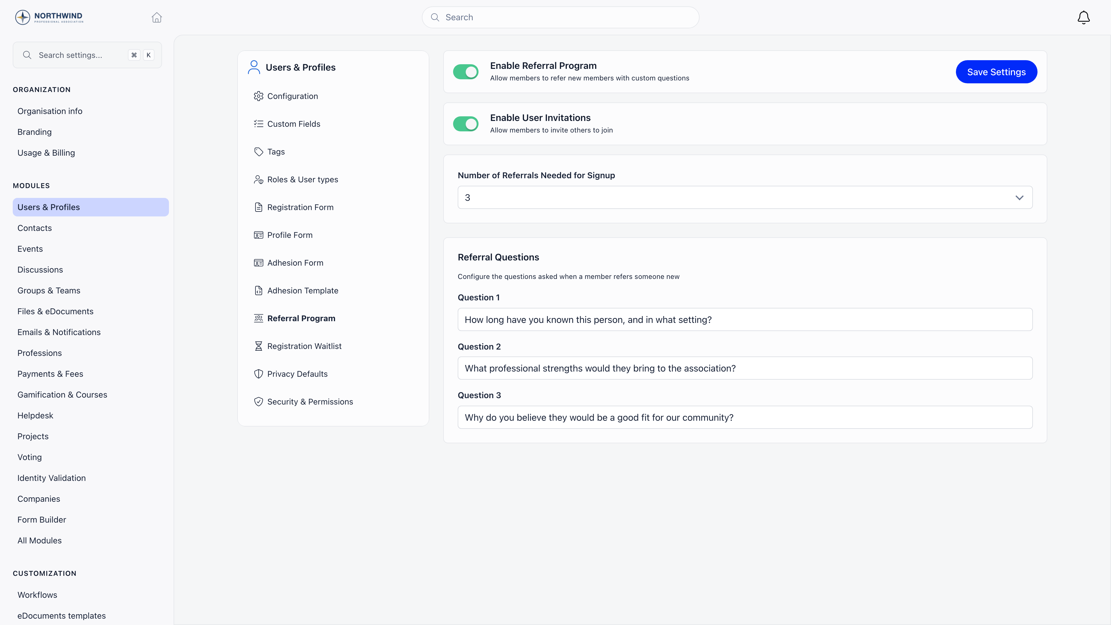 Referral Program settings with the Enable Referral Program switch, the Enable User Invitations switch, the Number of Referrals Needed for Signup selector and three referral question fields