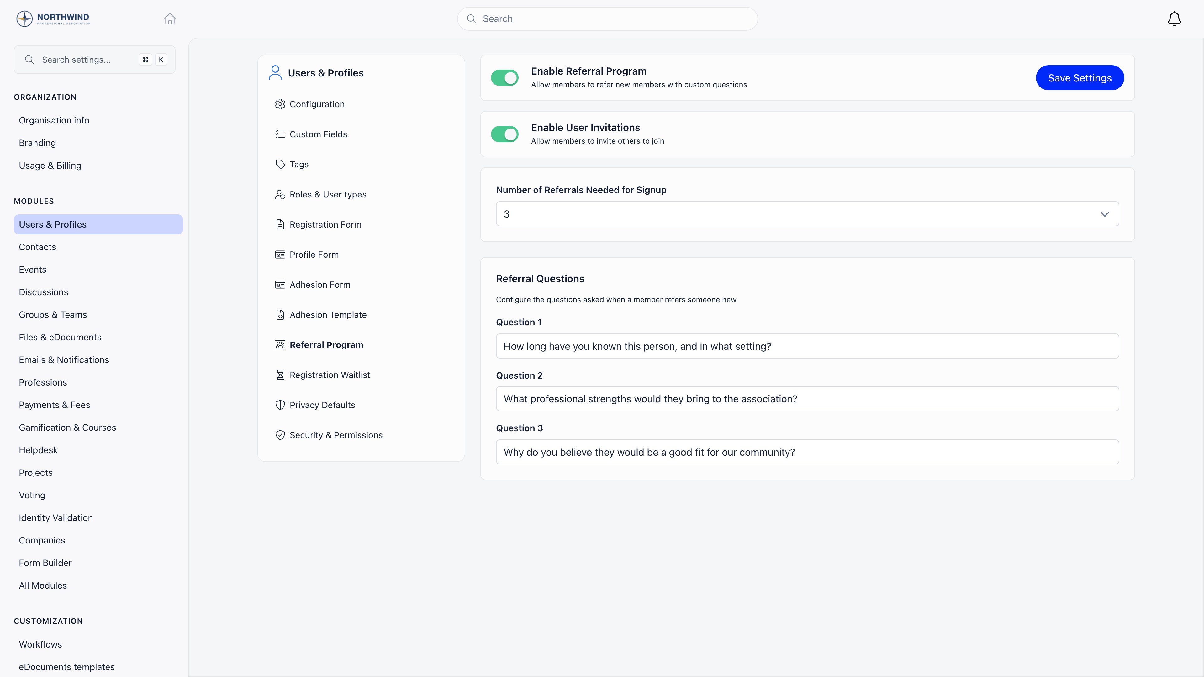 Referral Program settings with the Enable Referral Program switch, the Enable User Invitations switch, the Number of Referrals Needed for Signup selector and three referral question fields