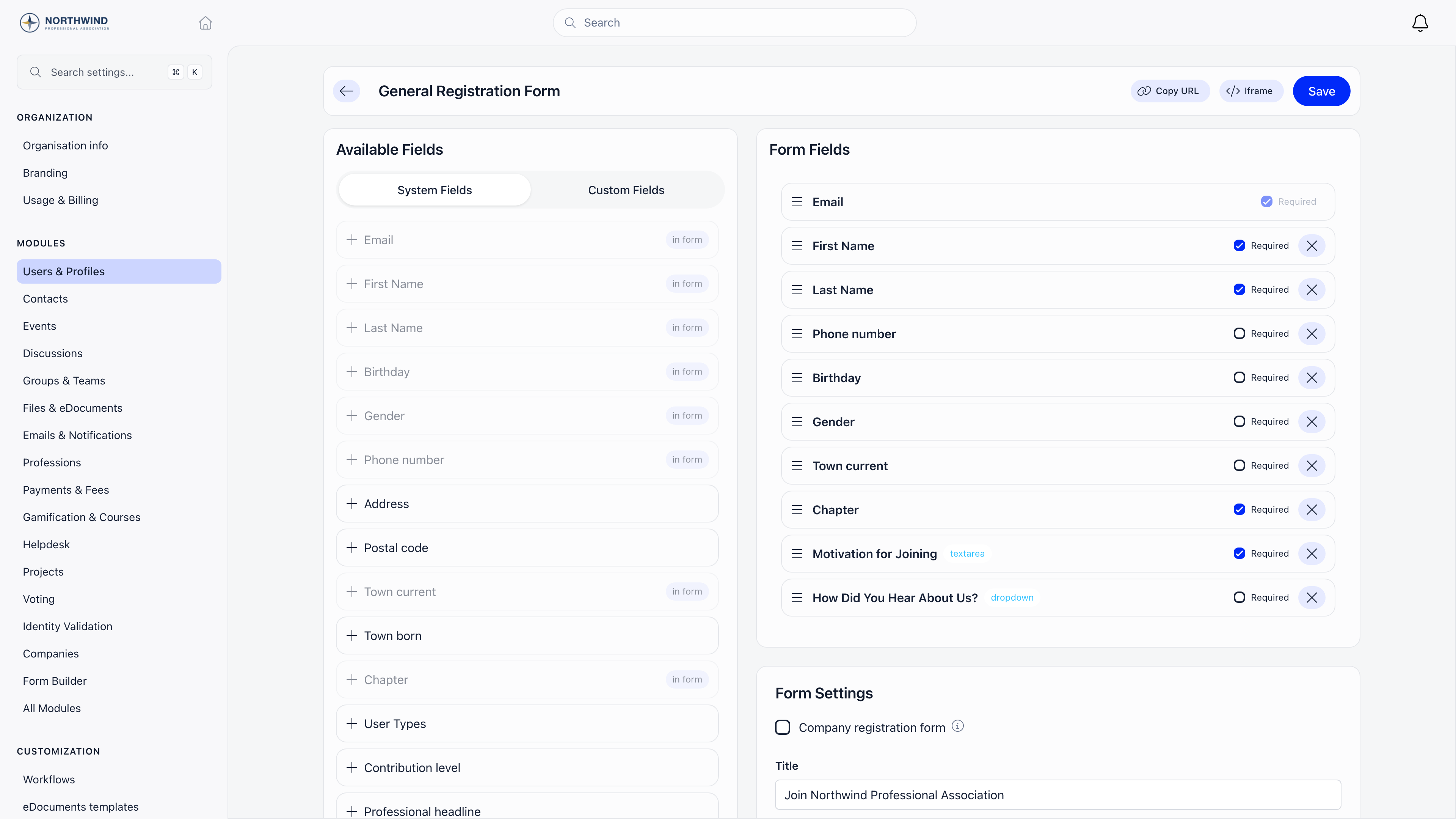 Registration form builder: System Fields and Custom Fields tabs, ordered form fields with Required checkboxes, and the Form Settings card