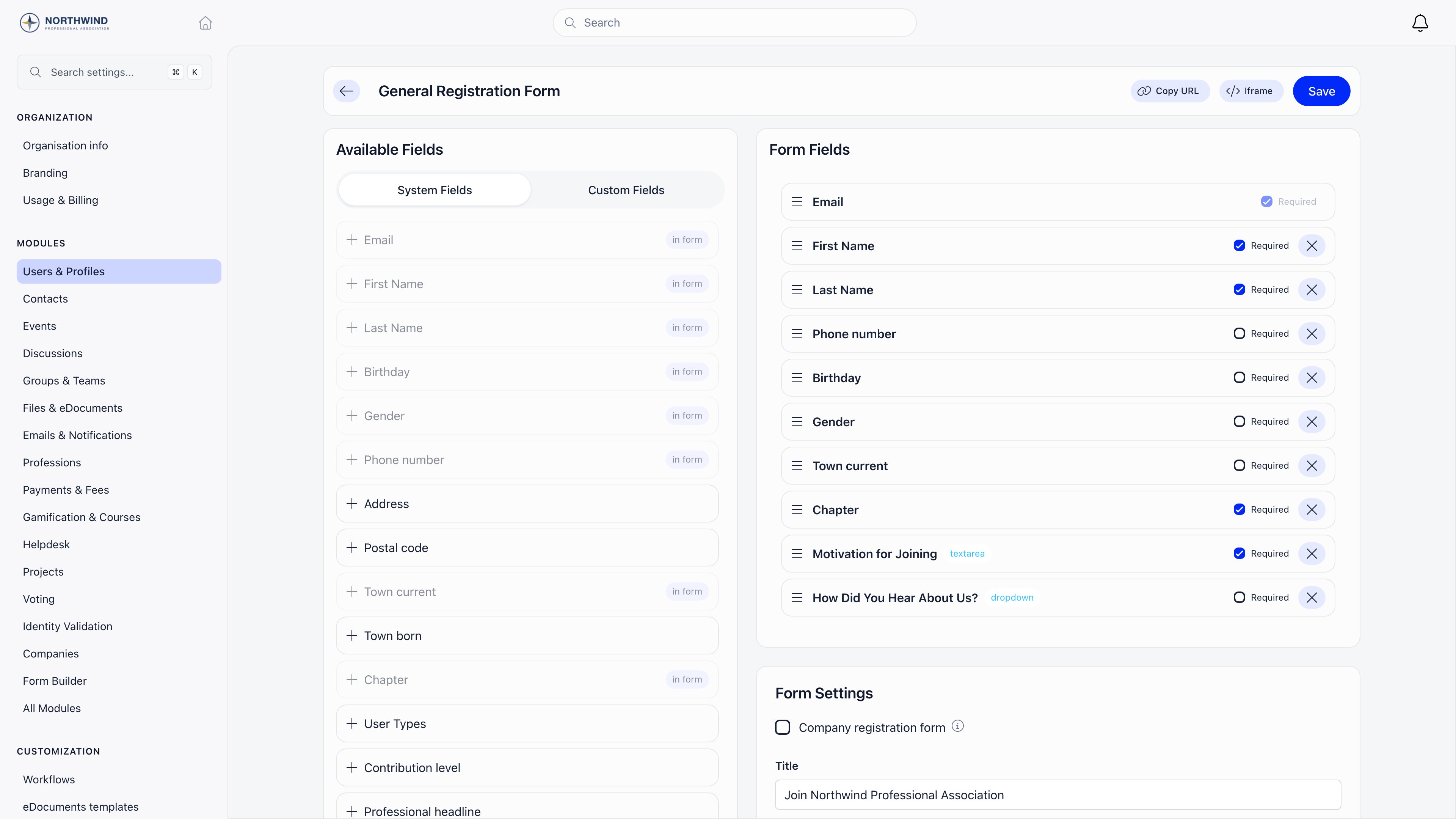 Registration form builder: System Fields and Custom Fields tabs, ordered form fields with Required checkboxes, and the Form Settings card