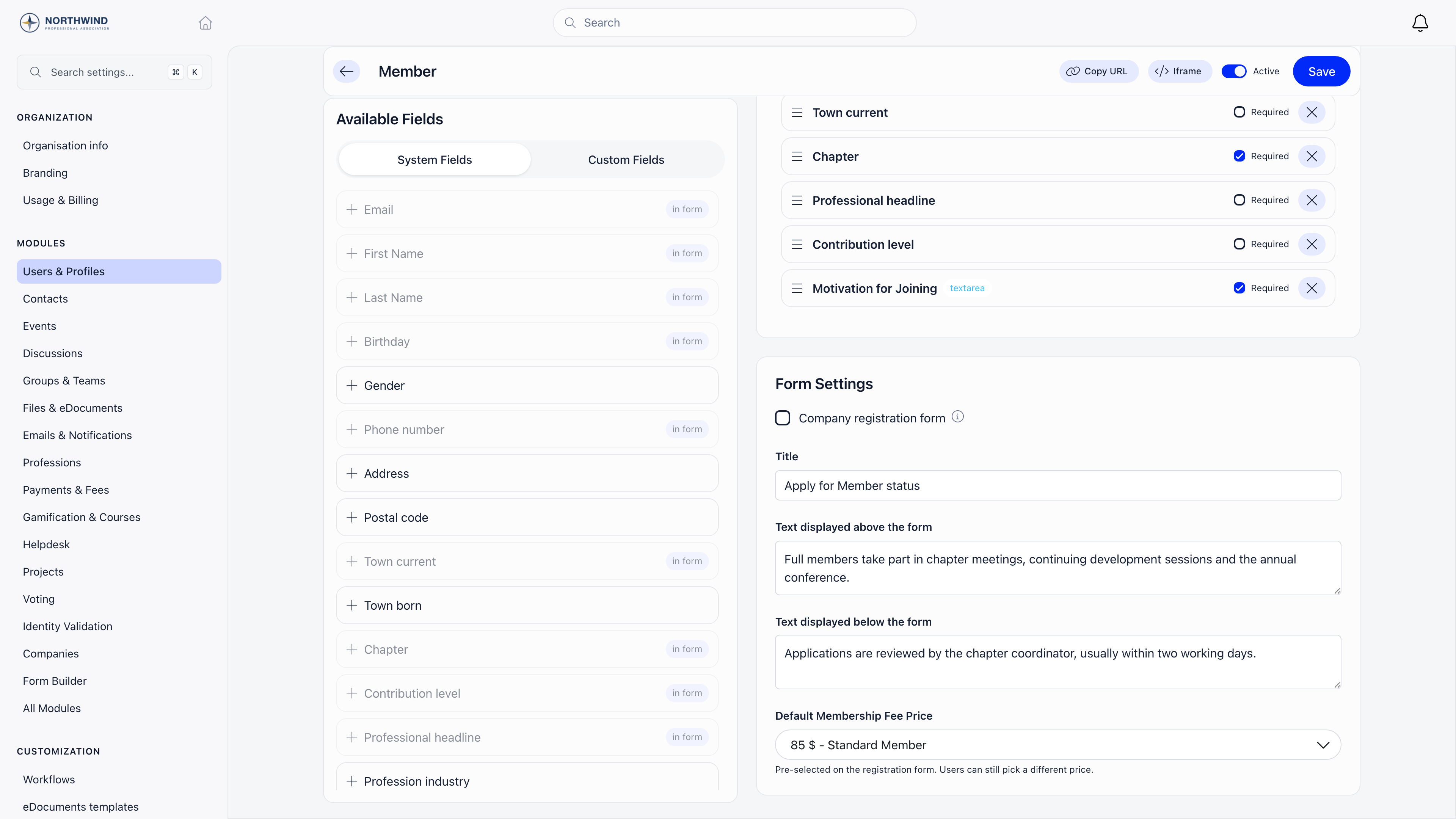Registration form builder for a single user type, with the Active switch and the Copy URL and Iframe buttons in the header, and the Title, intro texts and Default Membership Fee Price selector in Form Settings