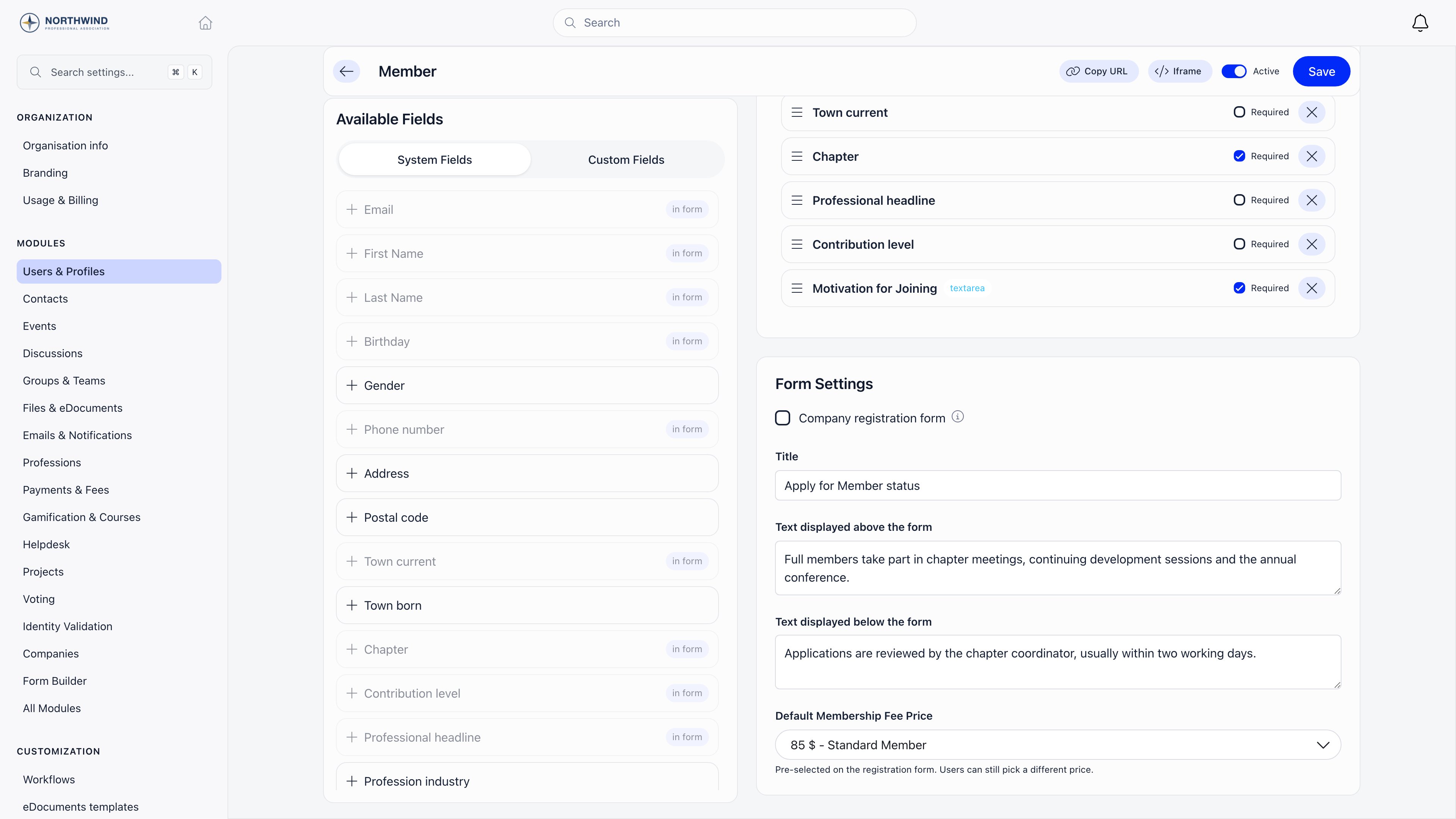 Registration form builder for a single user type, with the Active switch and the Copy URL and Iframe buttons in the header, and the Title, intro texts and Default Membership Fee Price selector in Form Settings