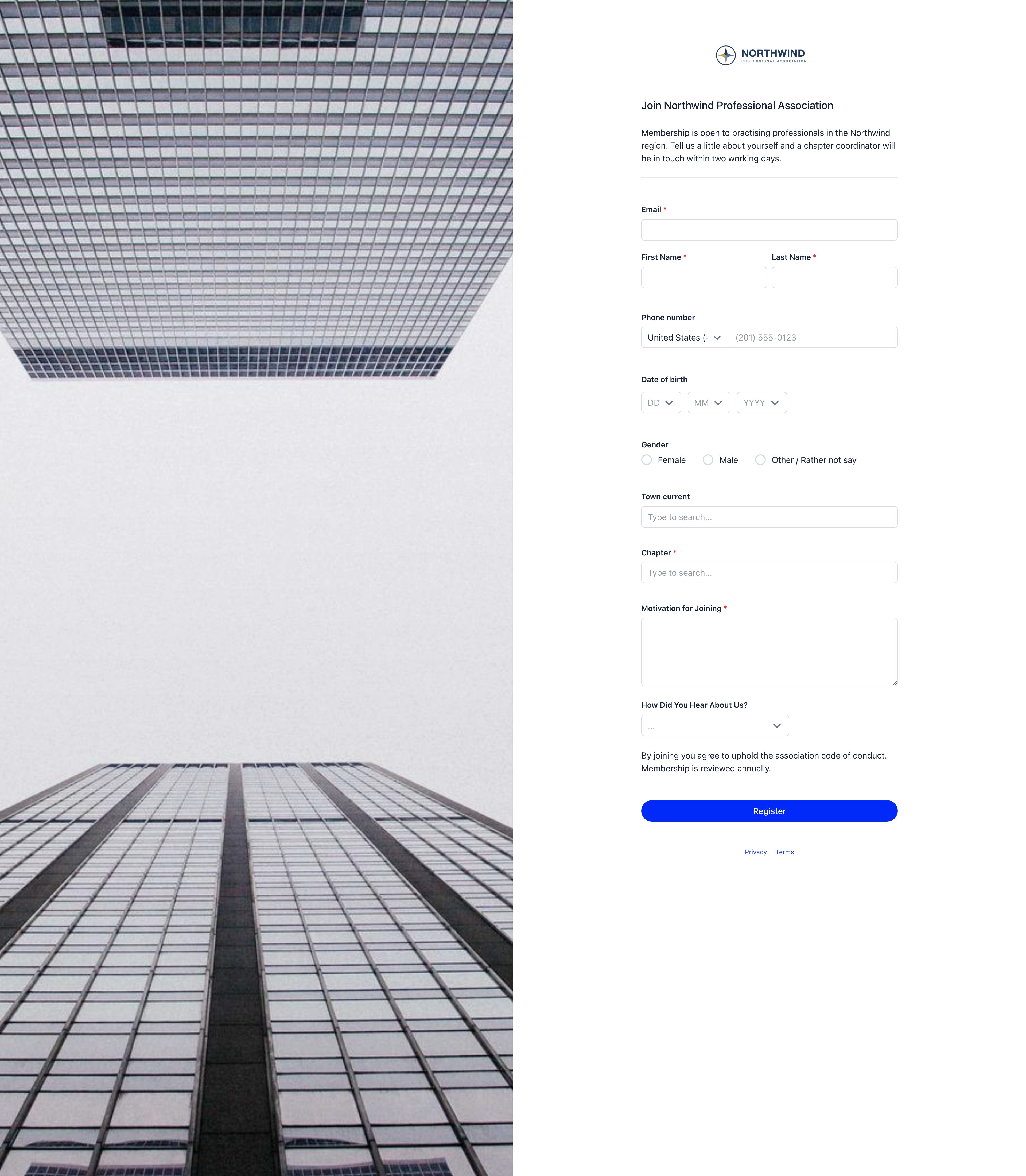 Side panel registration page: photo left, form right with email, name, phone, date of birth, gender, town, chapter and two custom fields