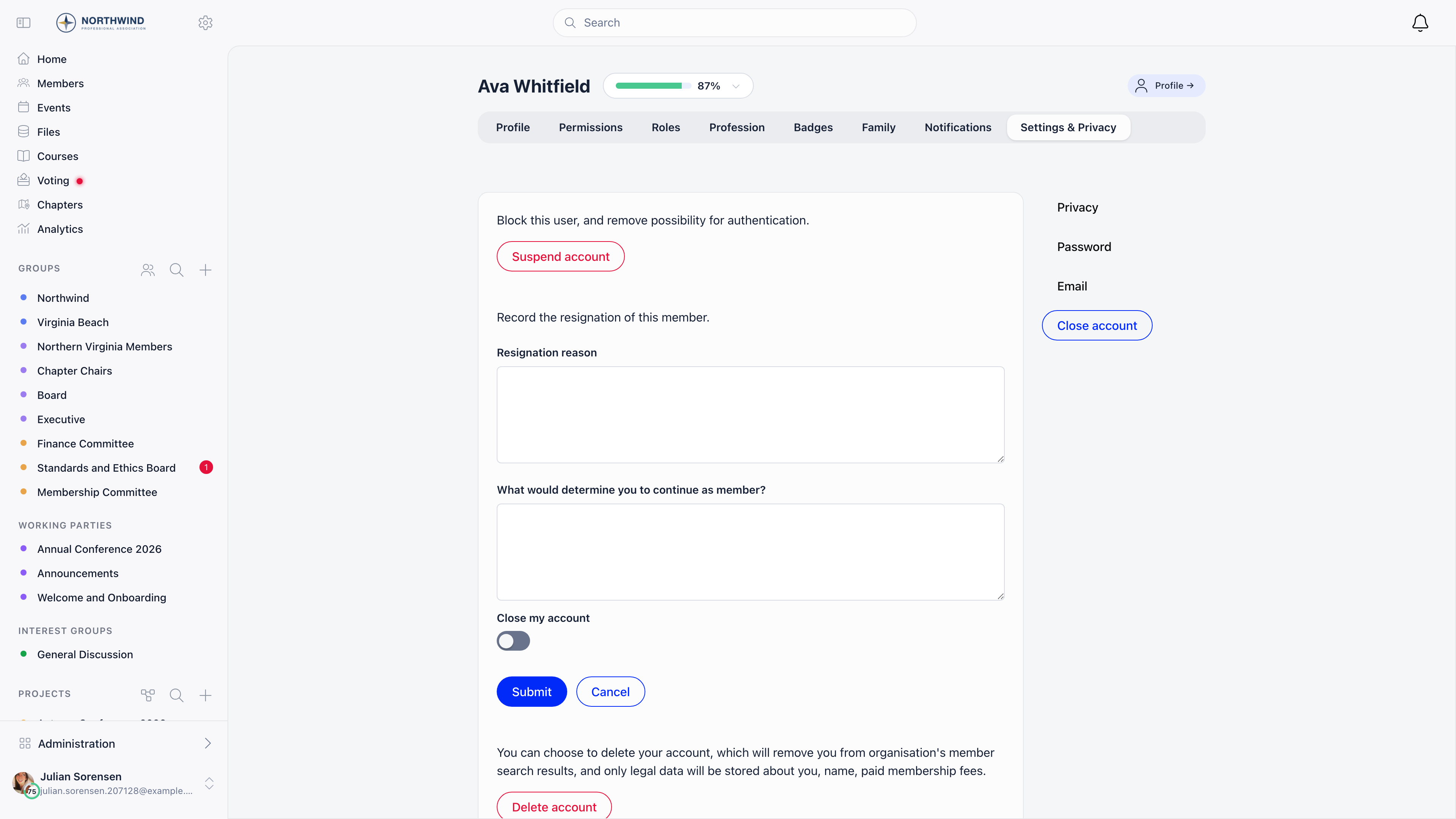 Resignation form with a resignation reason box, a what would determine you to continue as member box, a Close my account toggle and Submit and Cancel buttons
