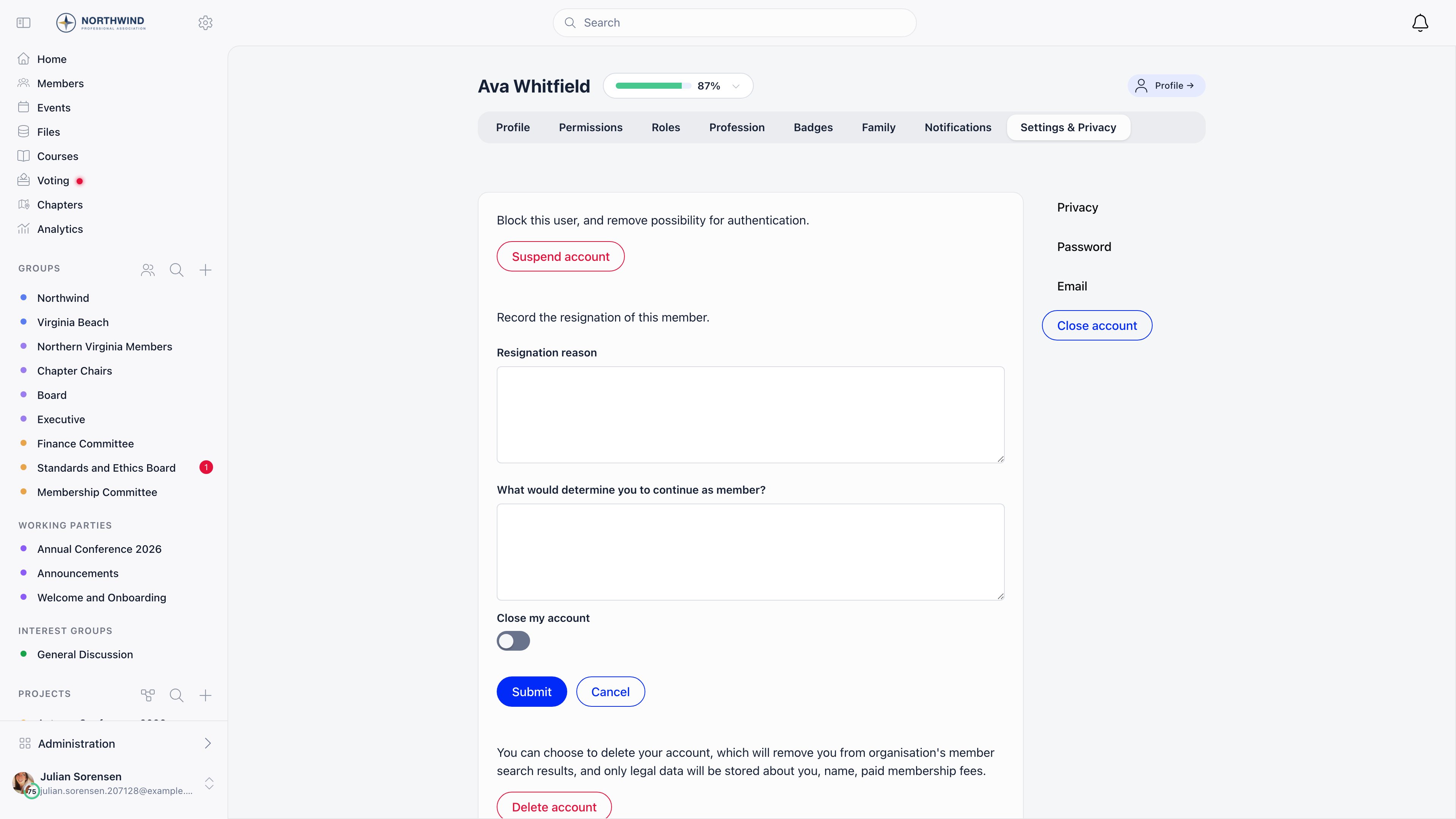 Resignation form with a resignation reason box, a what would determine you to continue as member box, a Close my account toggle and Submit and Cancel buttons