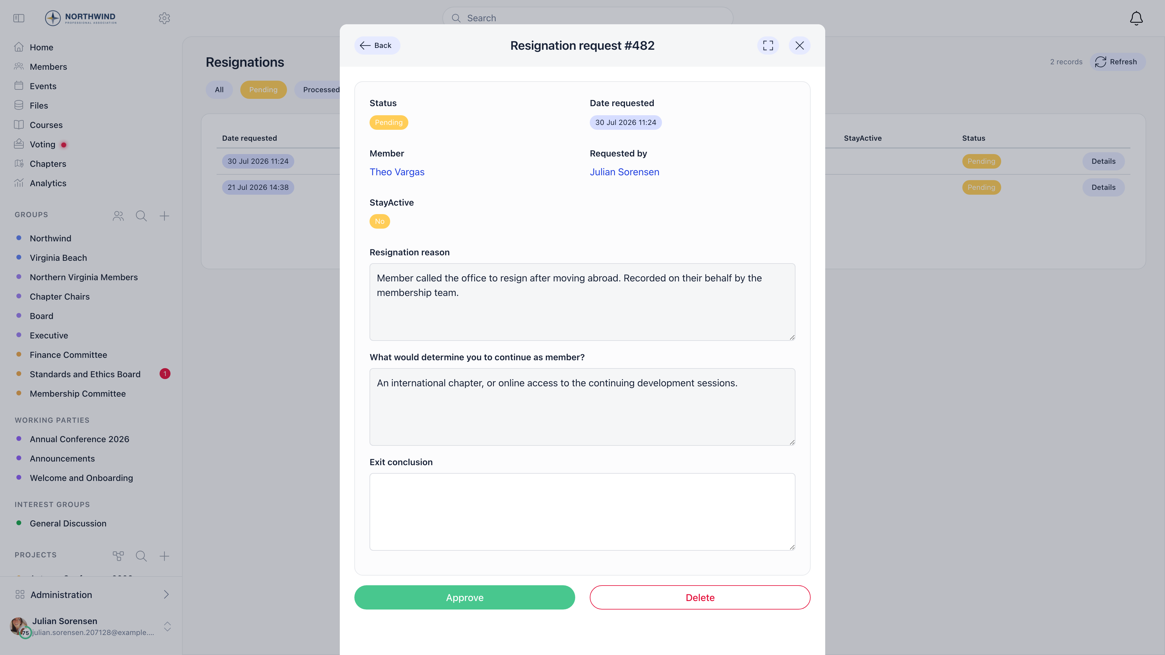 Resignation request detail showing status, date, member, requested by, stay active, resignation reason, retention answer, exit conclusion box and Approve and Delete buttons