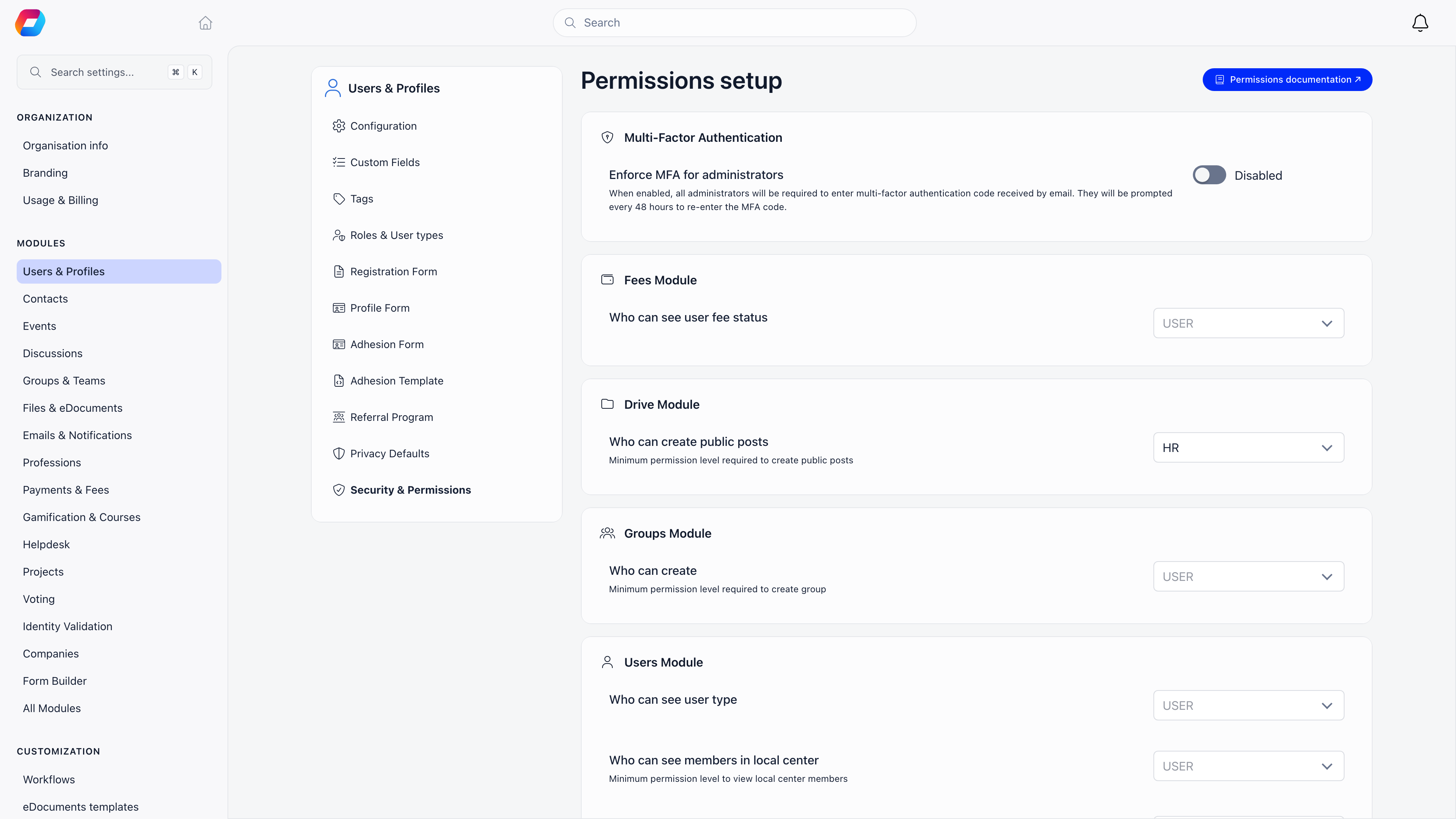 Security and Permissions settings page with the Enforce MFA for administrators switch and per-module minimum access level dropdowns