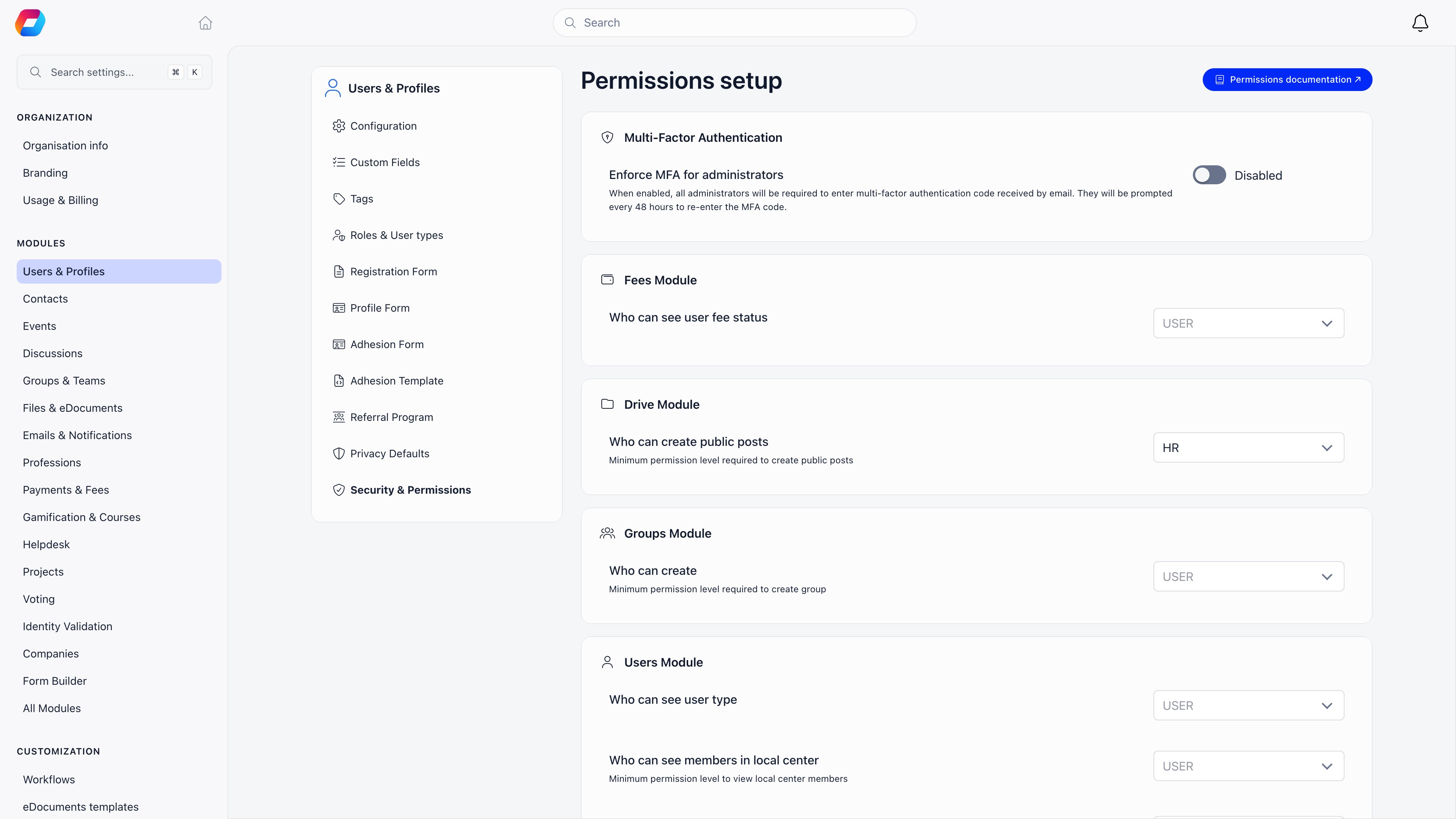 Security and Permissions settings page with the Enforce MFA for administrators switch and per-module minimum access level dropdowns