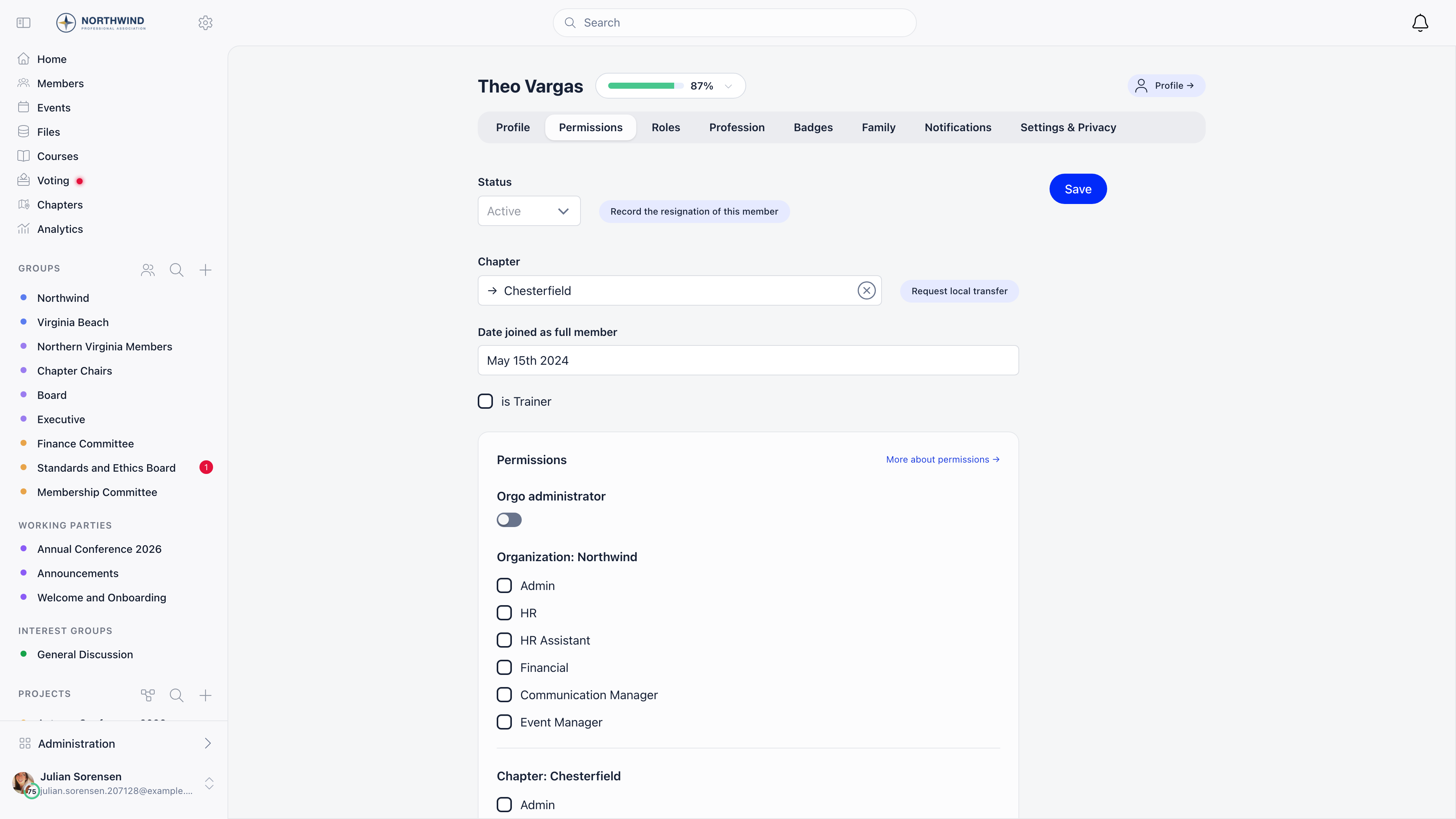 Status field set to Active at the top of the Permissions tab of a member edit page, beside the Record the resignation of this member button