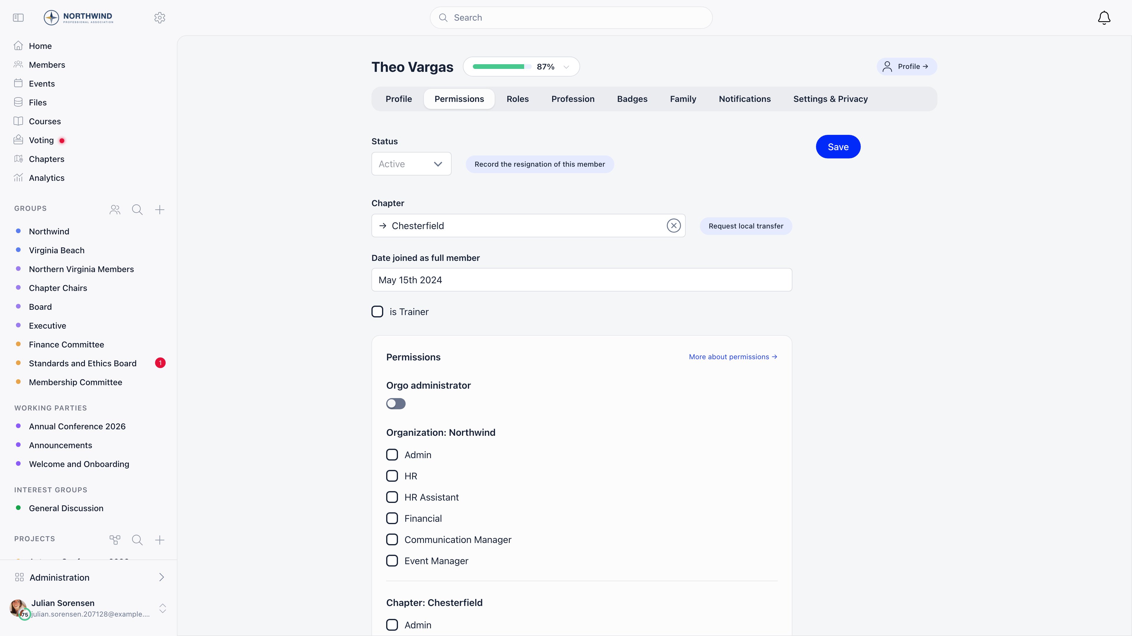 Status field set to Active at the top of the Permissions tab of a member edit page, beside the Record the resignation of this member button