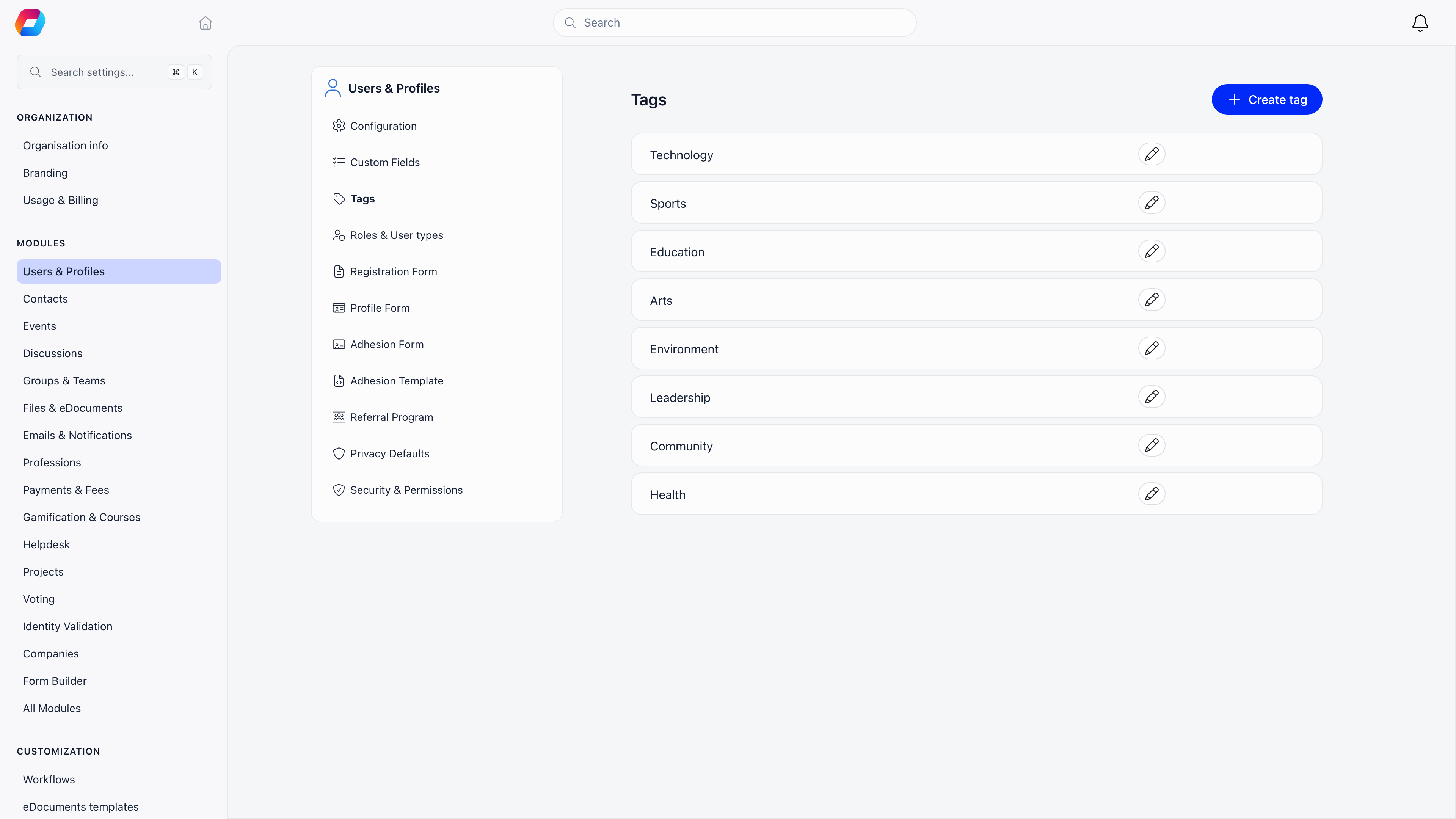 Tags settings page listing the organisation's tags with edit controls
