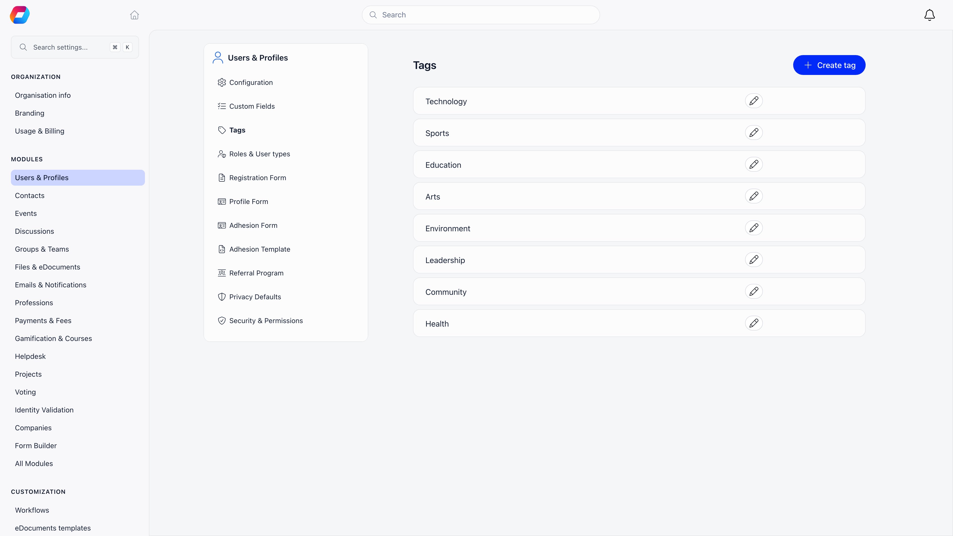 Tags settings page listing the organisation's tags with edit controls