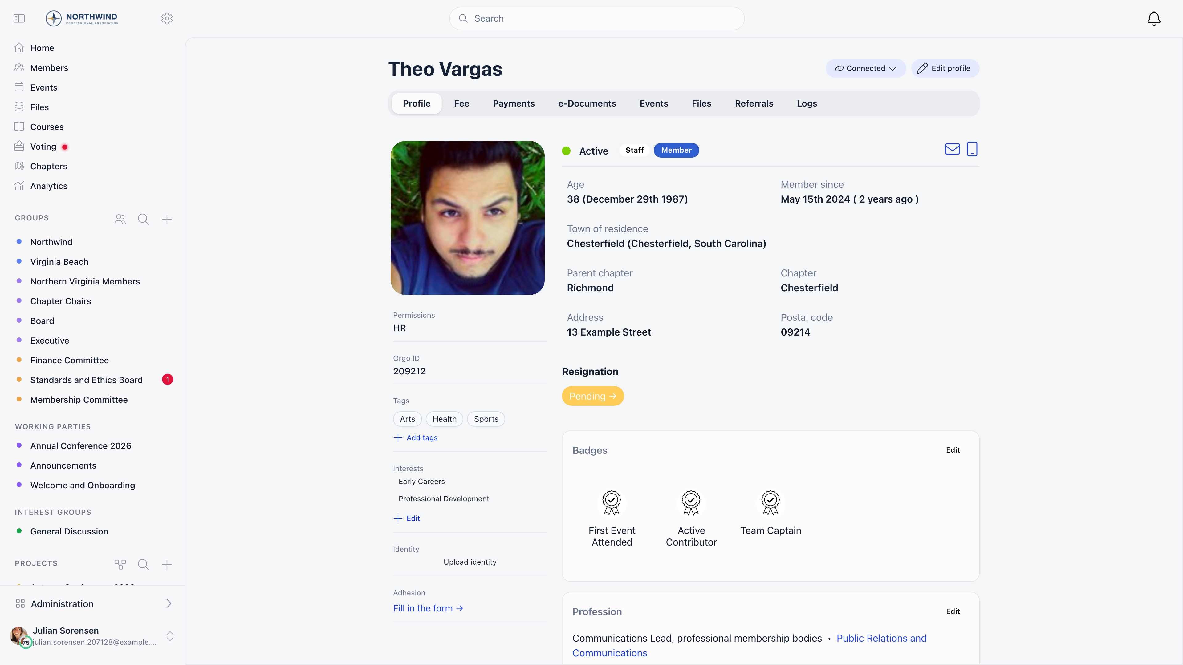 Member profile showing status, user type, age, town, chapter, member since, badges, permissions, resignation, identity, adhesion and roles