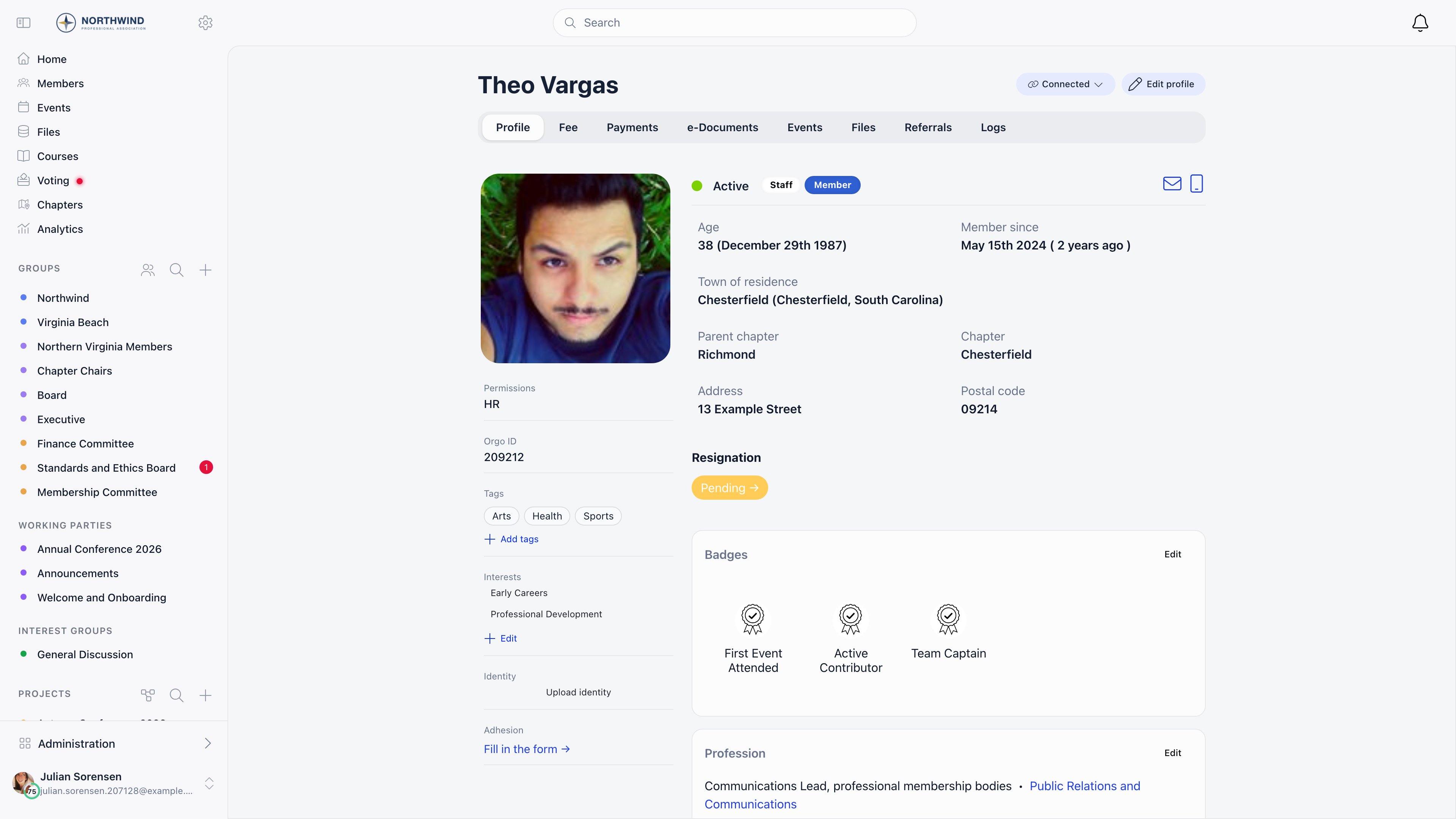 Member profile showing status, user type, age, town, chapter, member since, badges, permissions, resignation, identity, adhesion and roles