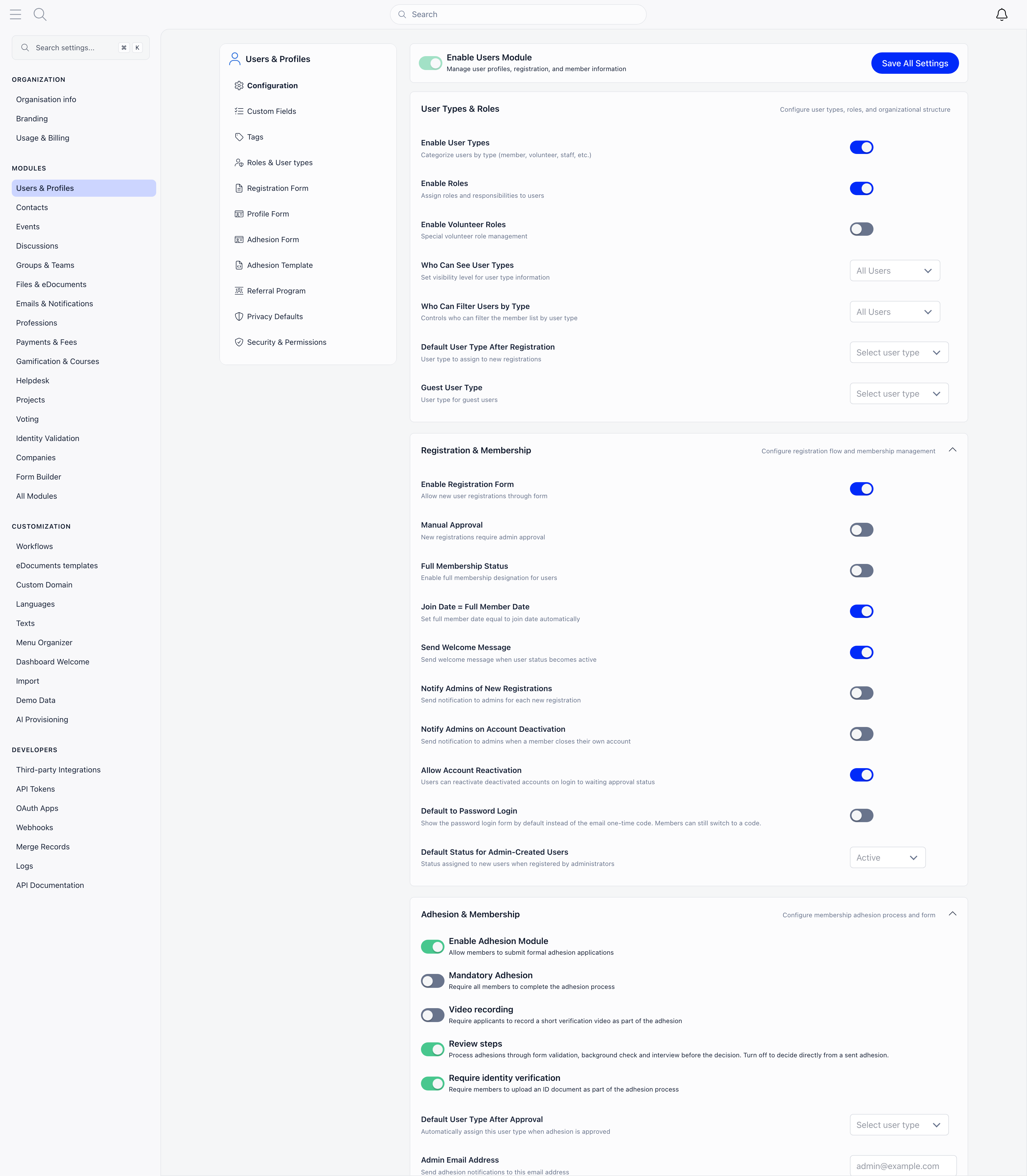 Users and Profiles module configuration with the left sub-navigation and the User Types and Registration setting sections