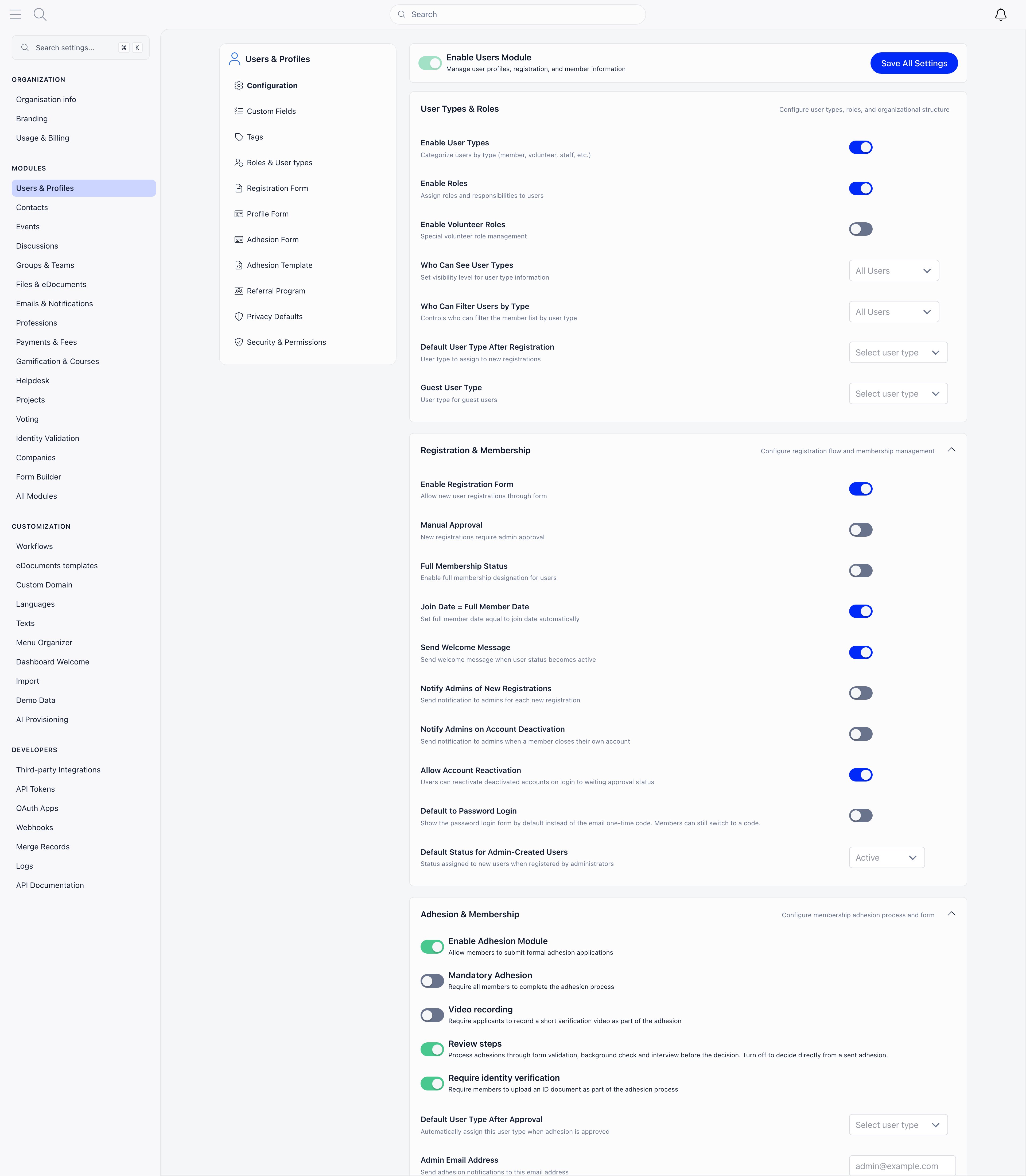 Users and Profiles module configuration with the left sub-navigation and the User Types and Registration setting sections
