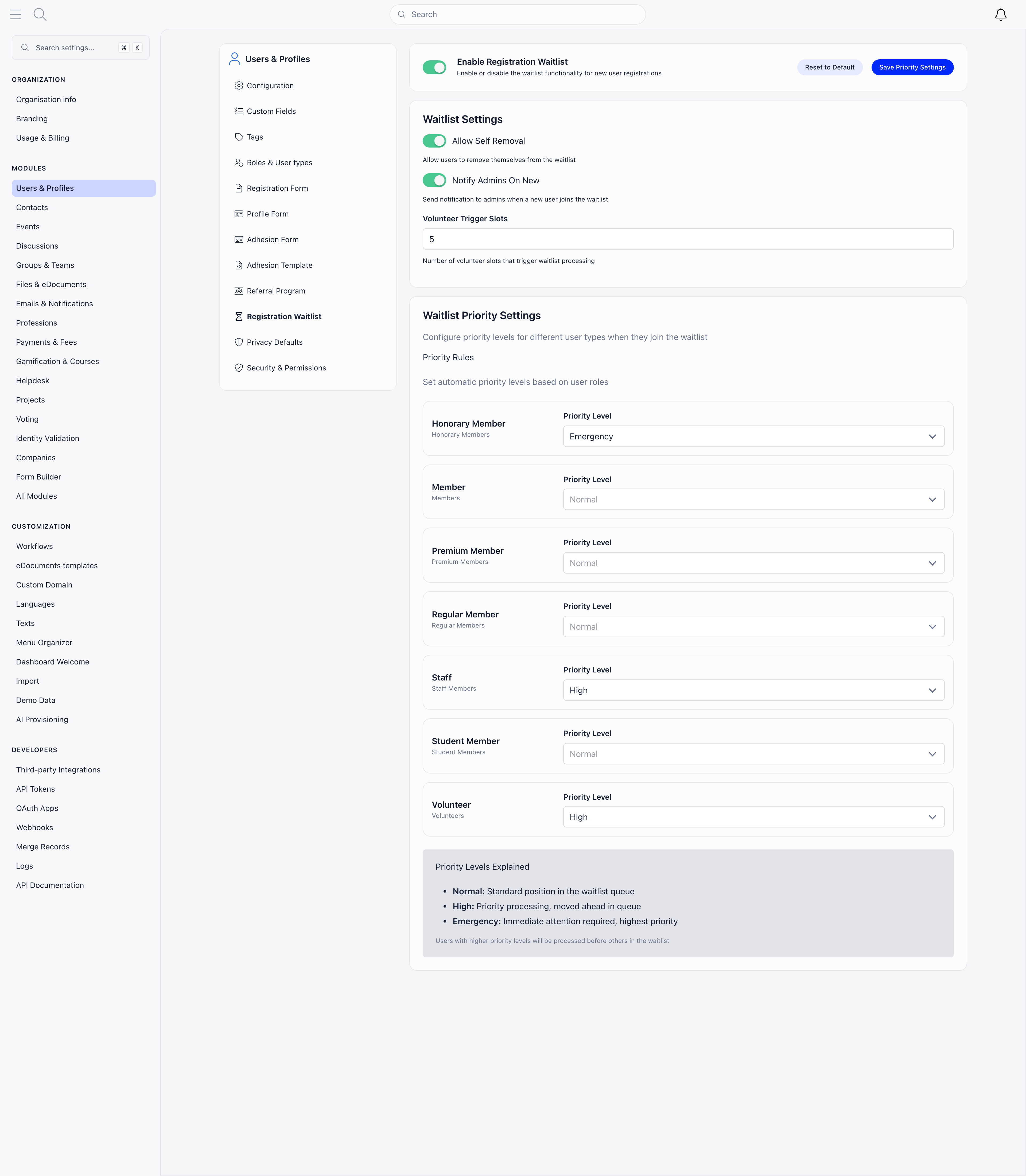 Registration Waitlist settings with the enable switch, Allow Self Removal, Notify Admins On New, Volunteer Trigger Slots and per user type priority levels