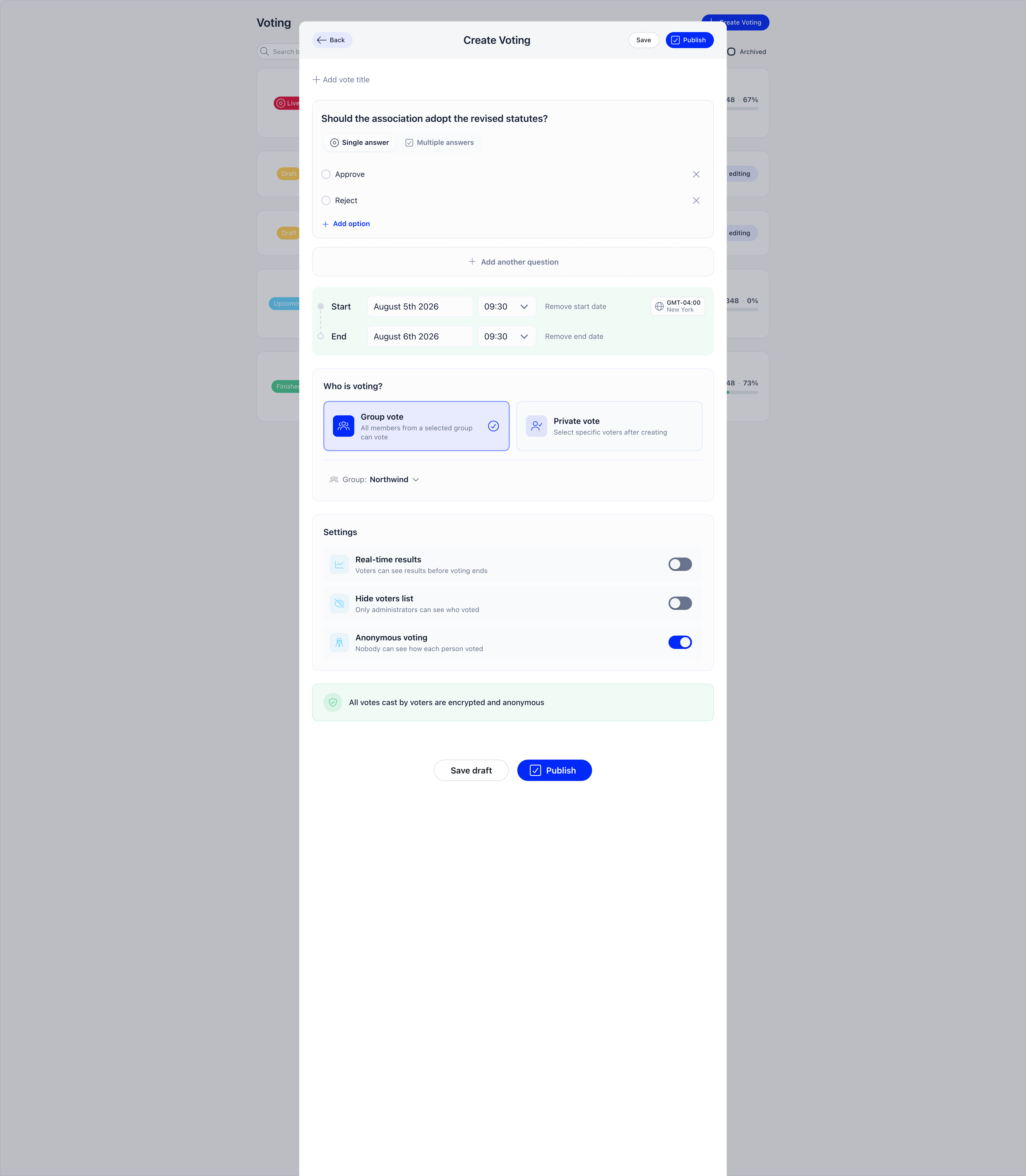 Create Voting modal with the question builder filled in, the single and multiple answer toggle, start and end dates with timezone, the audience cards and all three settings switches