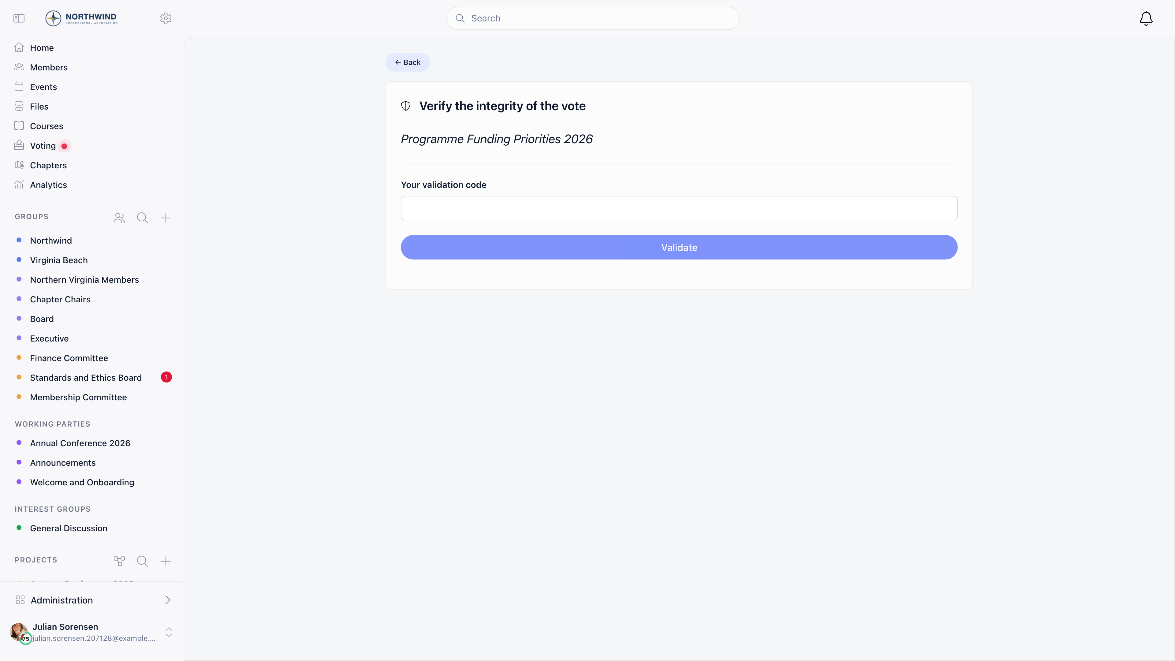 Integrity verification page with the validation code field and the Validate button