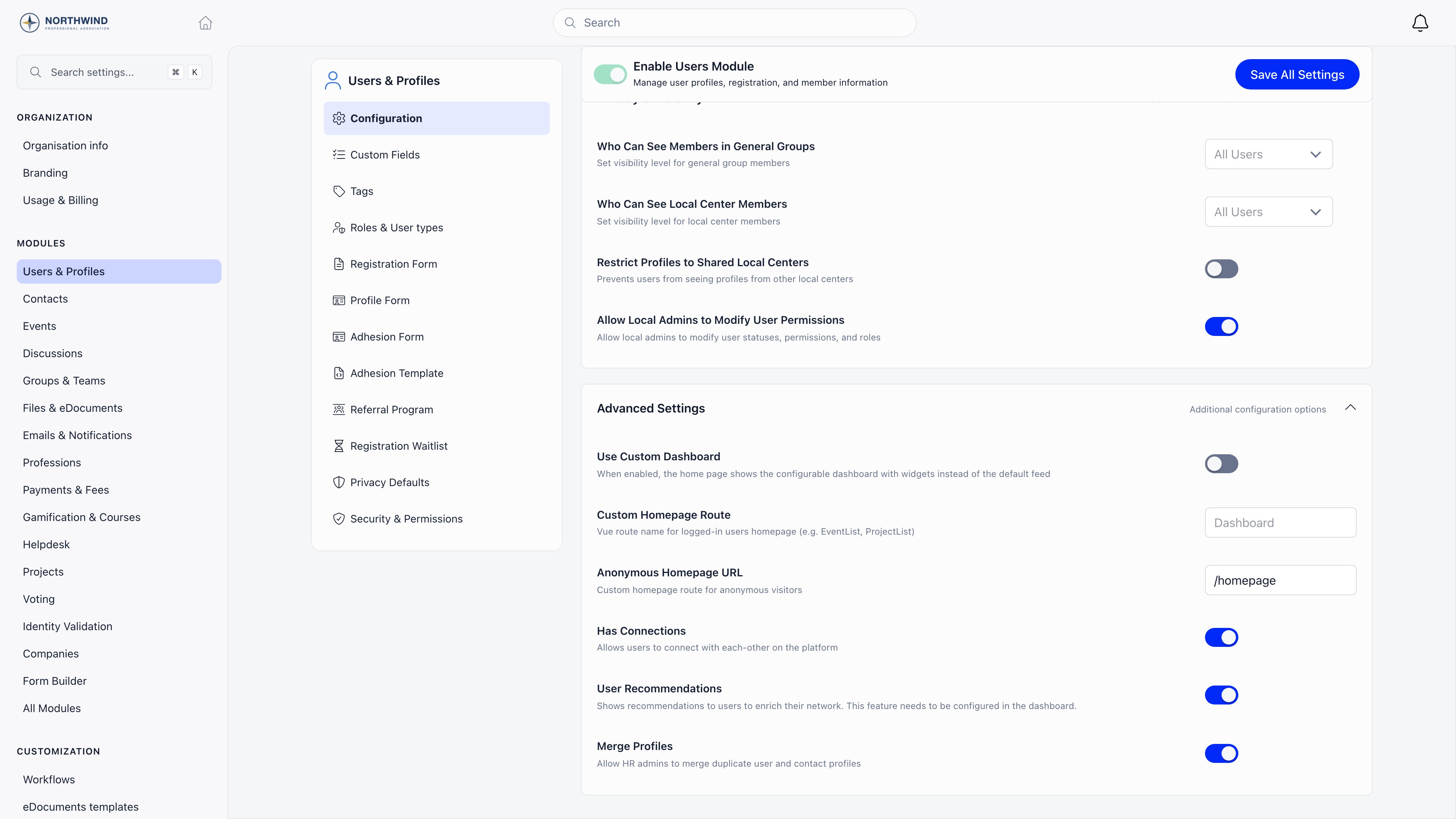 Users and Profiles module settings with the Advanced Settings card open, showing the Use Custom Dashboard switch, the empty Custom Homepage Route field and the Anonymous Homepage URL field holding /homepage