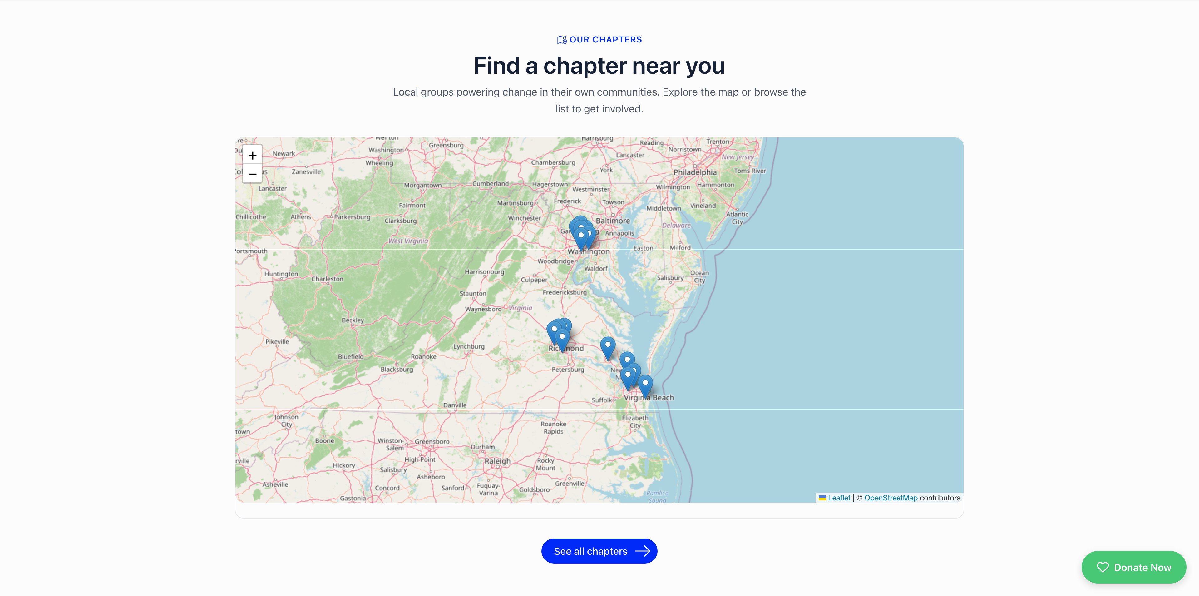 Find a chapter near you section showing a map of the organization's local centers with a pin on each one and a See all chapters button underneath