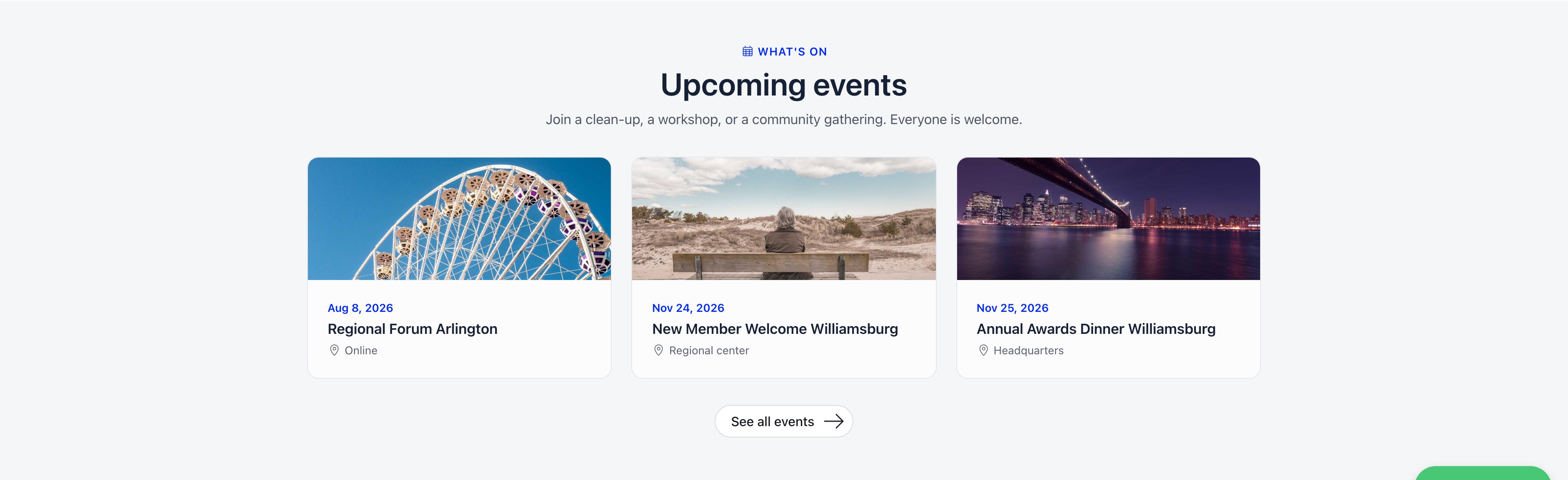 Upcoming events section showing three event cards with cover images, dates, titles and locations, above a See all events button