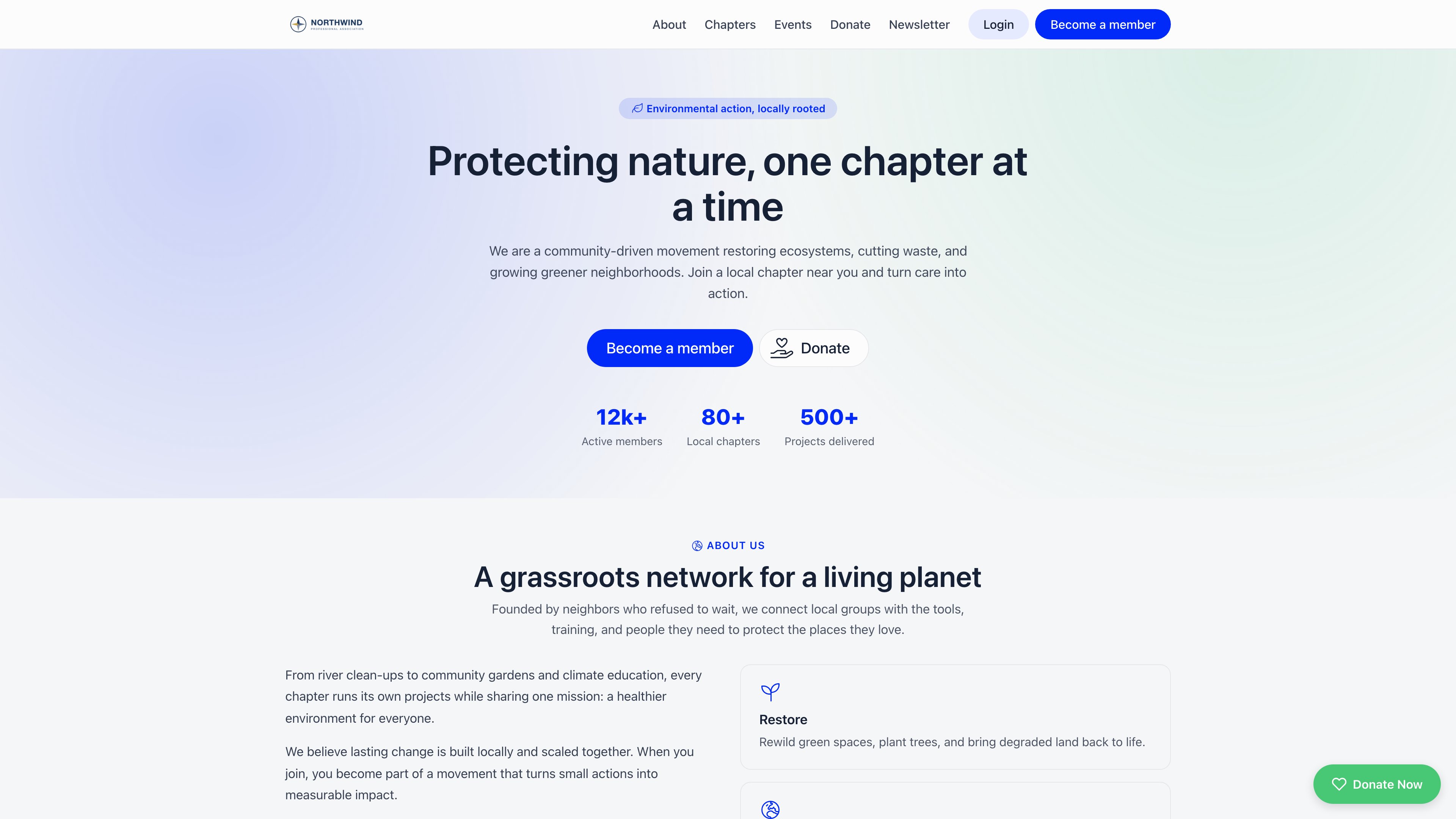 Public website homepage with the organization logo and About, Chapters, Events, Donate and Newsletter navigation across the top, a Login and Become a member button pair, and a centred hero holding an eyebrow badge, headline, sub-headline, Become a member and Donate buttons and three statistics