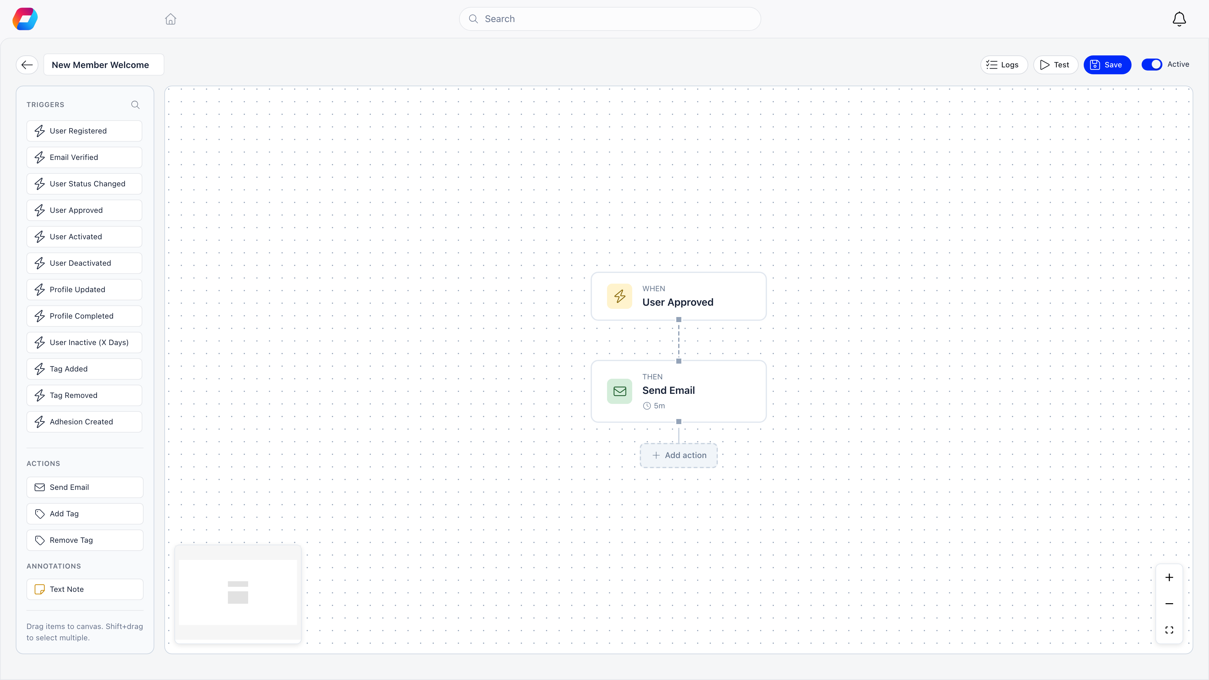 Workflow canvas with a trigger node connected to a send email action node, and the trigger and action palette in the left sidebar