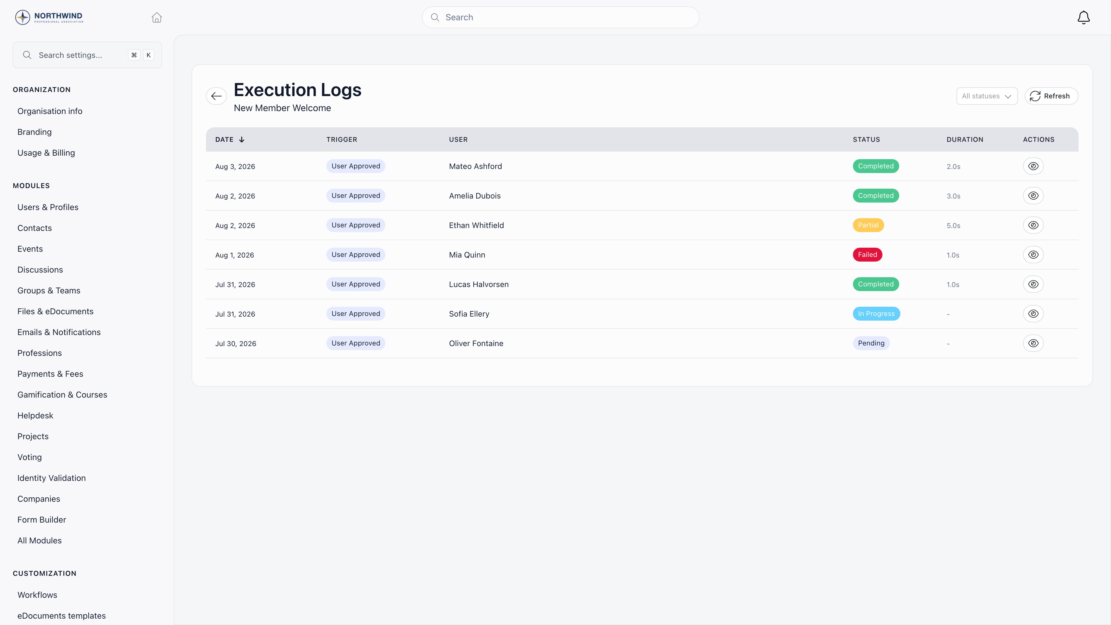 Workflow execution log table with date, trigger, user, status and duration columns, one row per run covering Completed, Partial, Failed, In Progress and Pending, above a status filter and a Refresh button