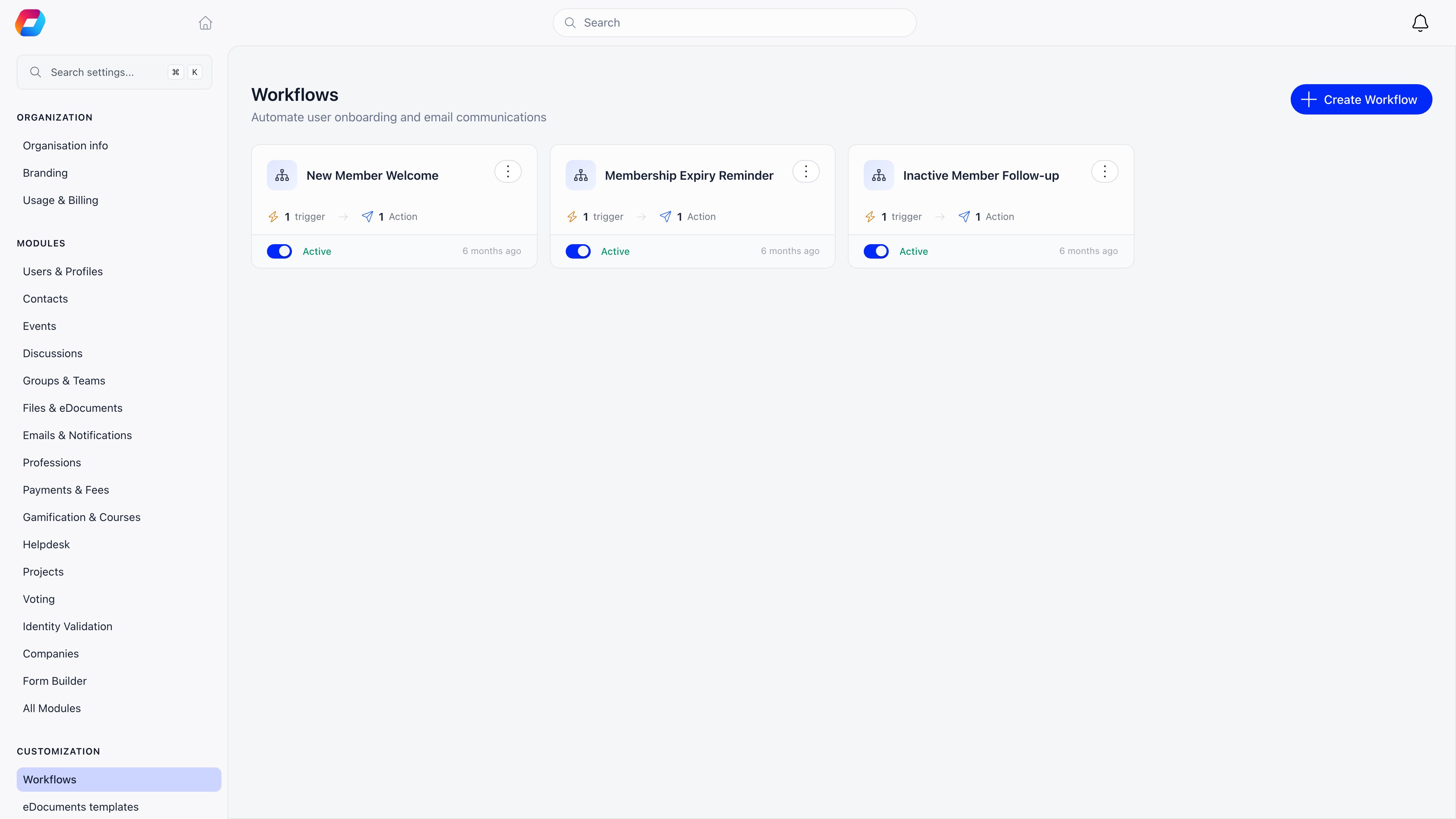 Workflows list showing workflow cards with trigger and action counts and an active toggle on each