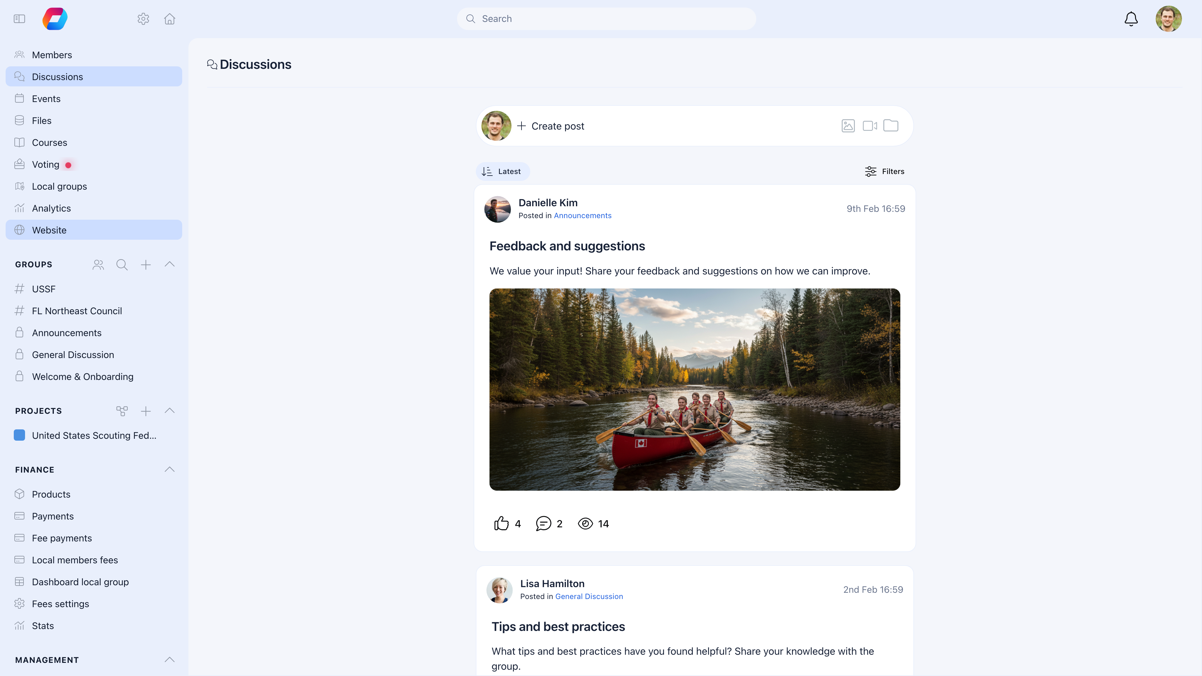 Discussions feed showing posts with embedded images, reactions, comments, and view counts