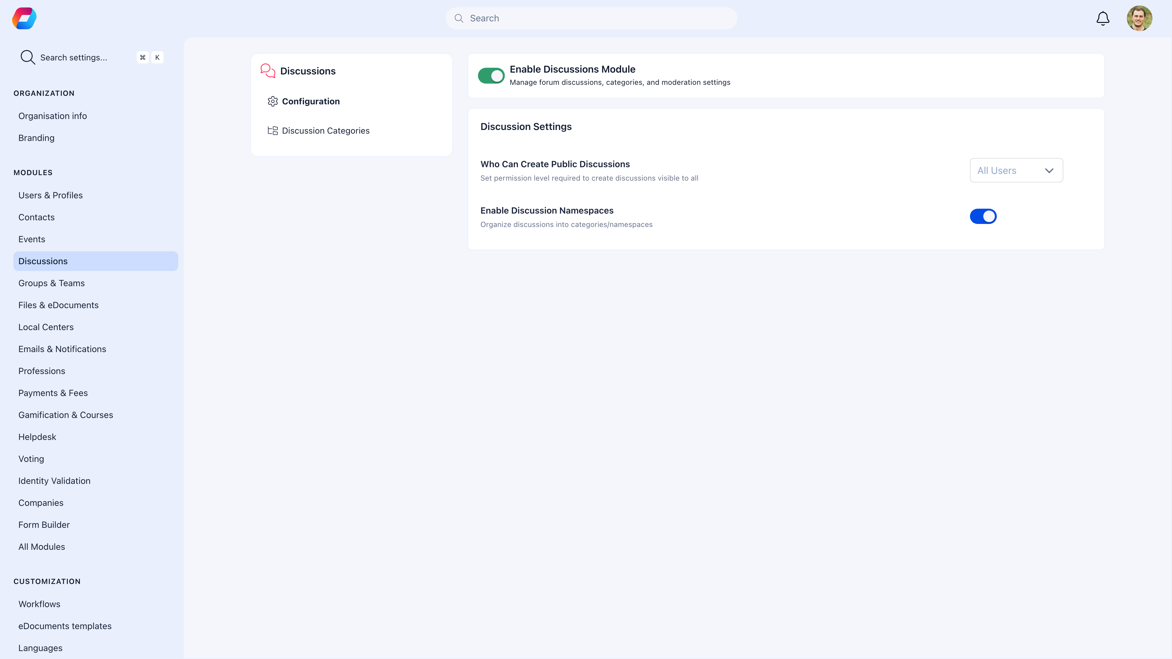 Discussions module settings with public discussions permission and namespaces toggle