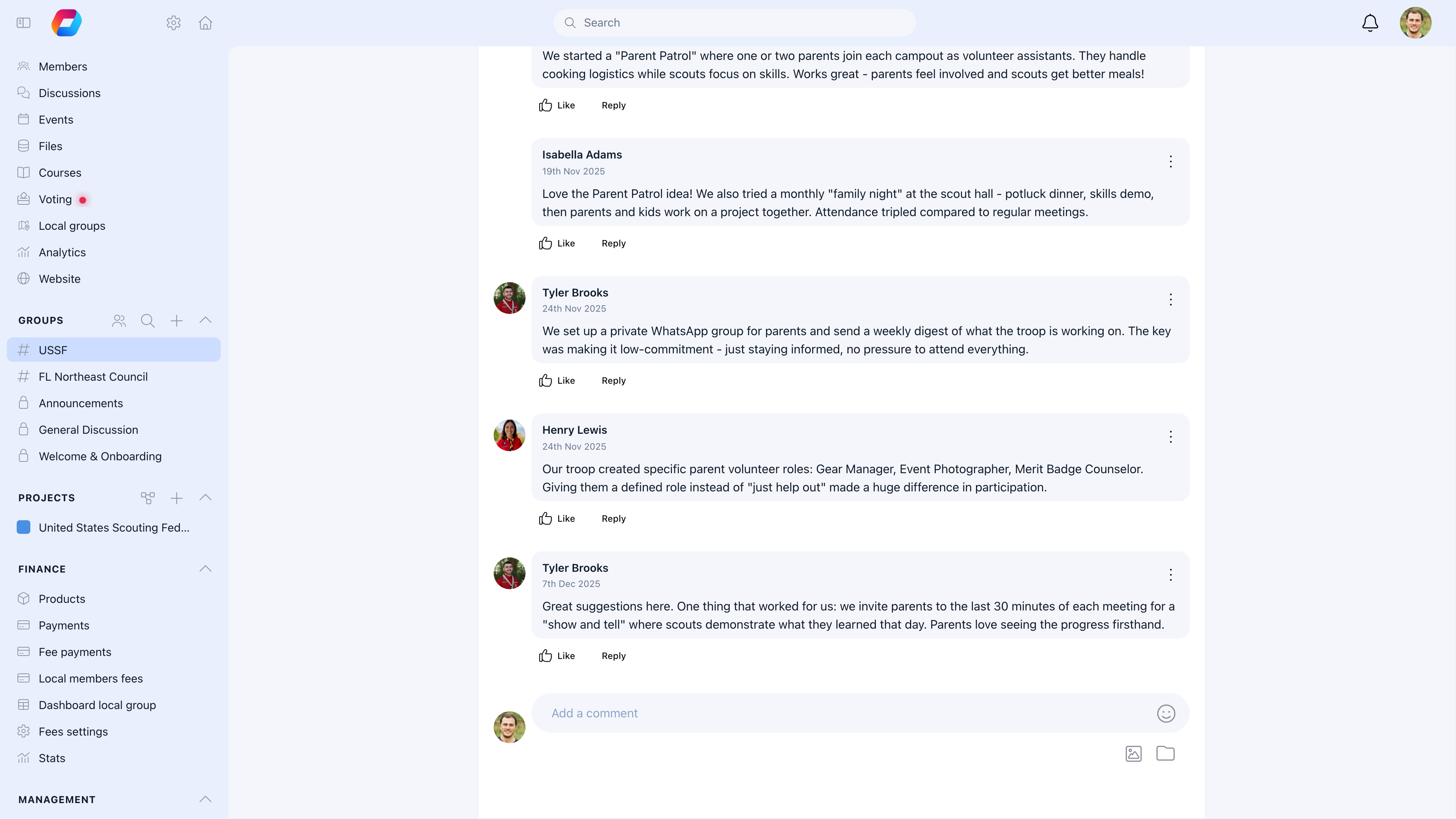 Comment thread showing multiple replies from different members with Like and Reply buttons