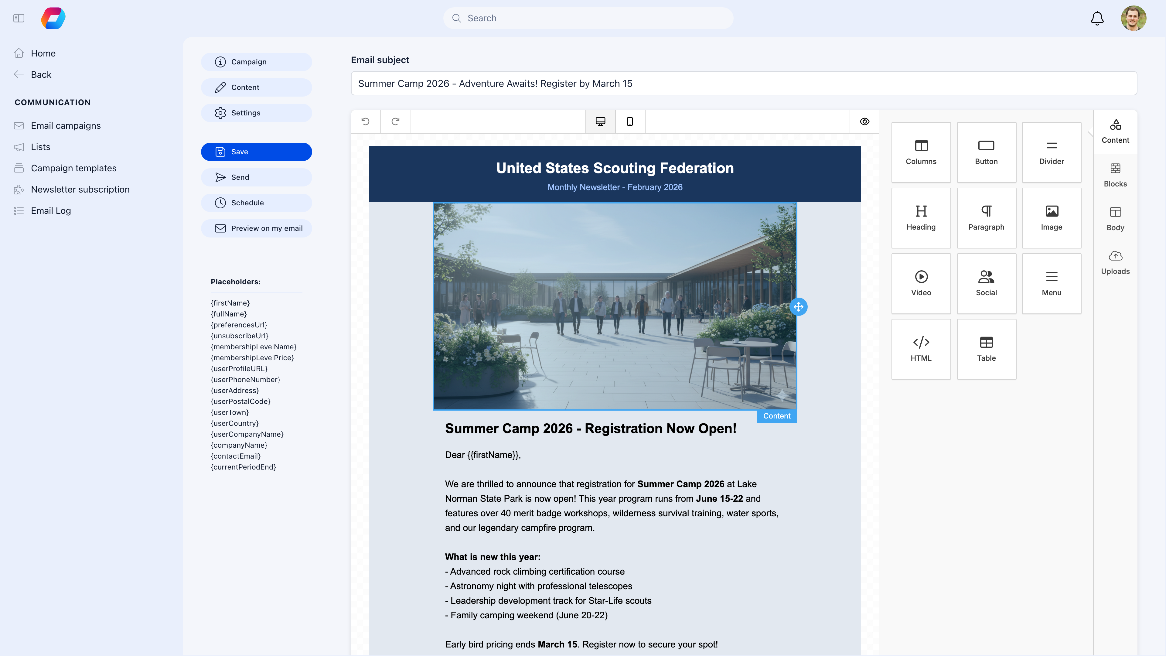 Newsletter email builder showing drag-and-drop editor with USSF Summer Camp 2026 email, content blocks panel on right (Columns, Button, Divider, Heading, Paragraph, Image), and placeholders sidebar on left
