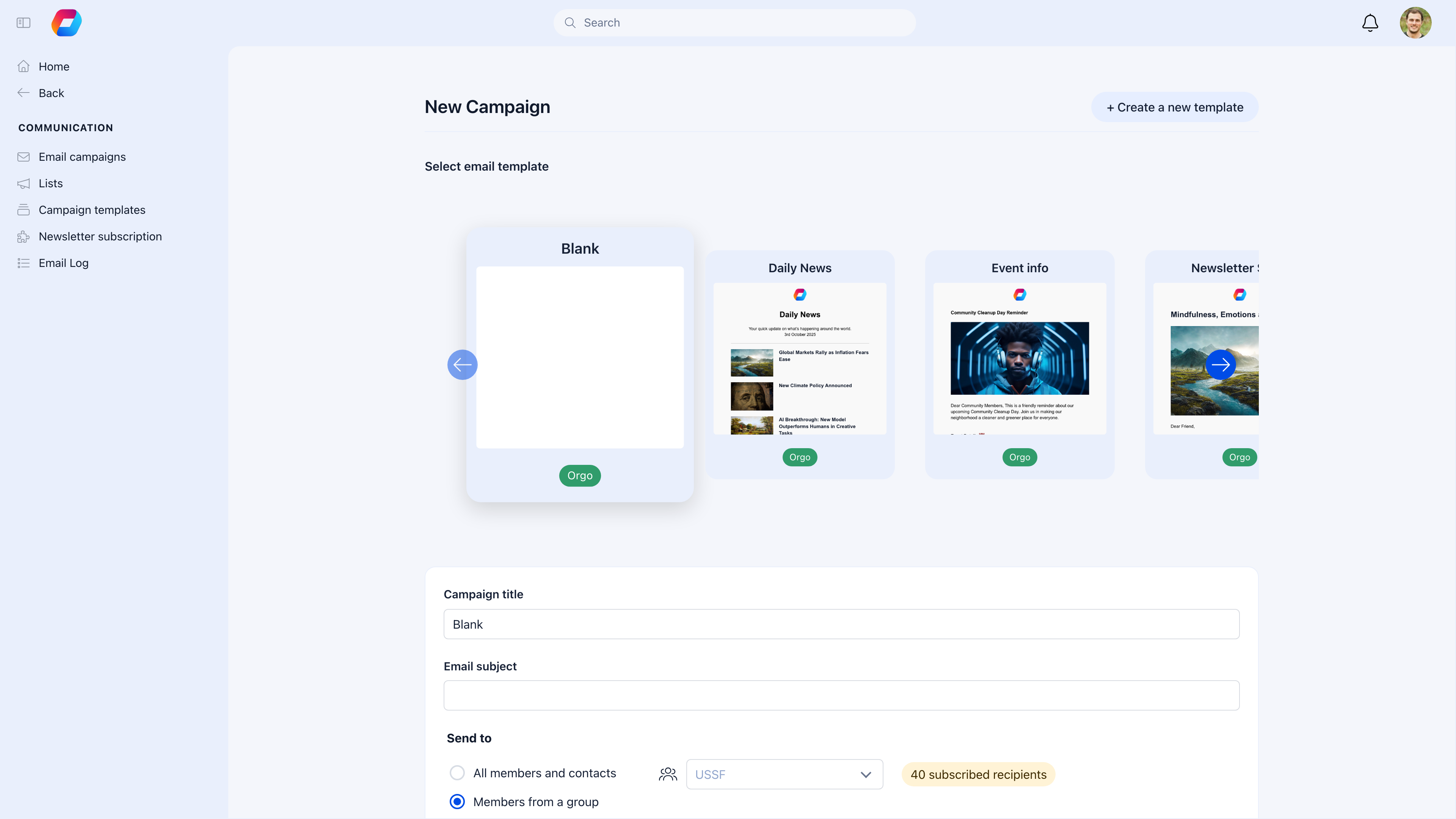 New Campaign creation flow showing template selection carousel and campaign form with title, subject, and audience targeting