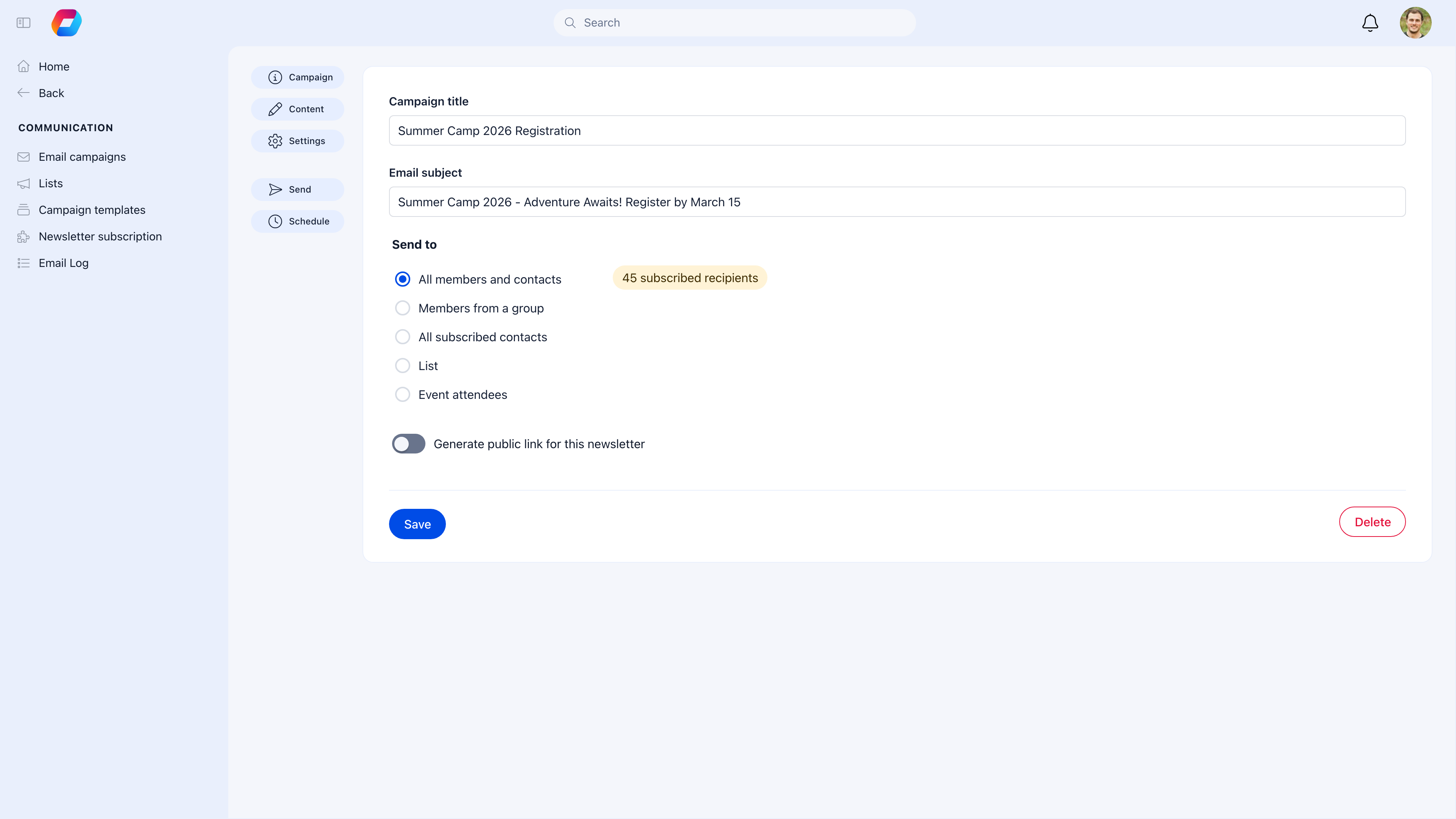 Campaign editor showing title, email subject, audience targeting with 5 options (All members, Members from a group, All contacts, List, Event attendees), and sidebar navigation