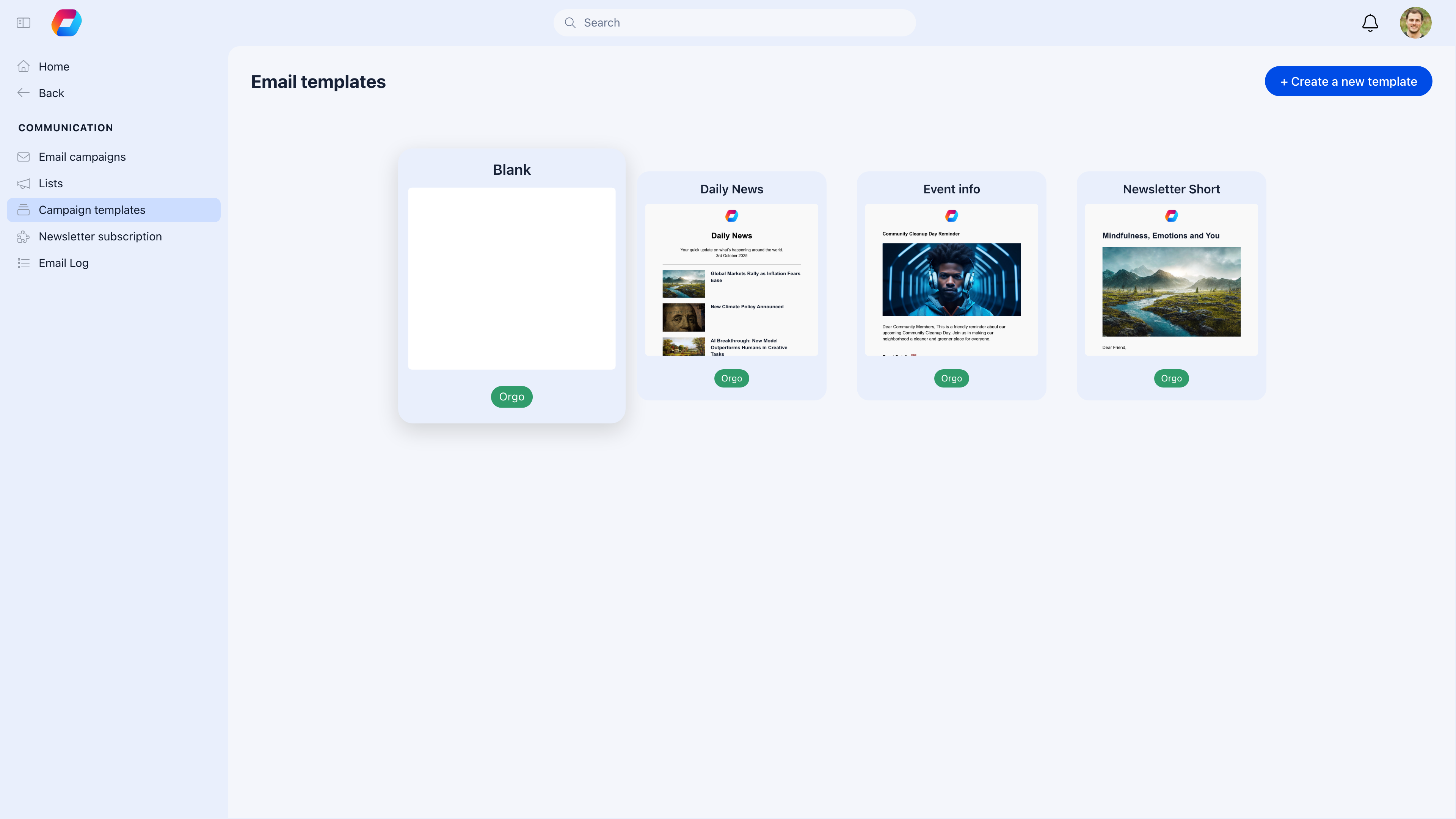 Email templates page showing 4 templates (Blank, Daily News, Event info, Newsletter Short) with preview thumbnails and Create button