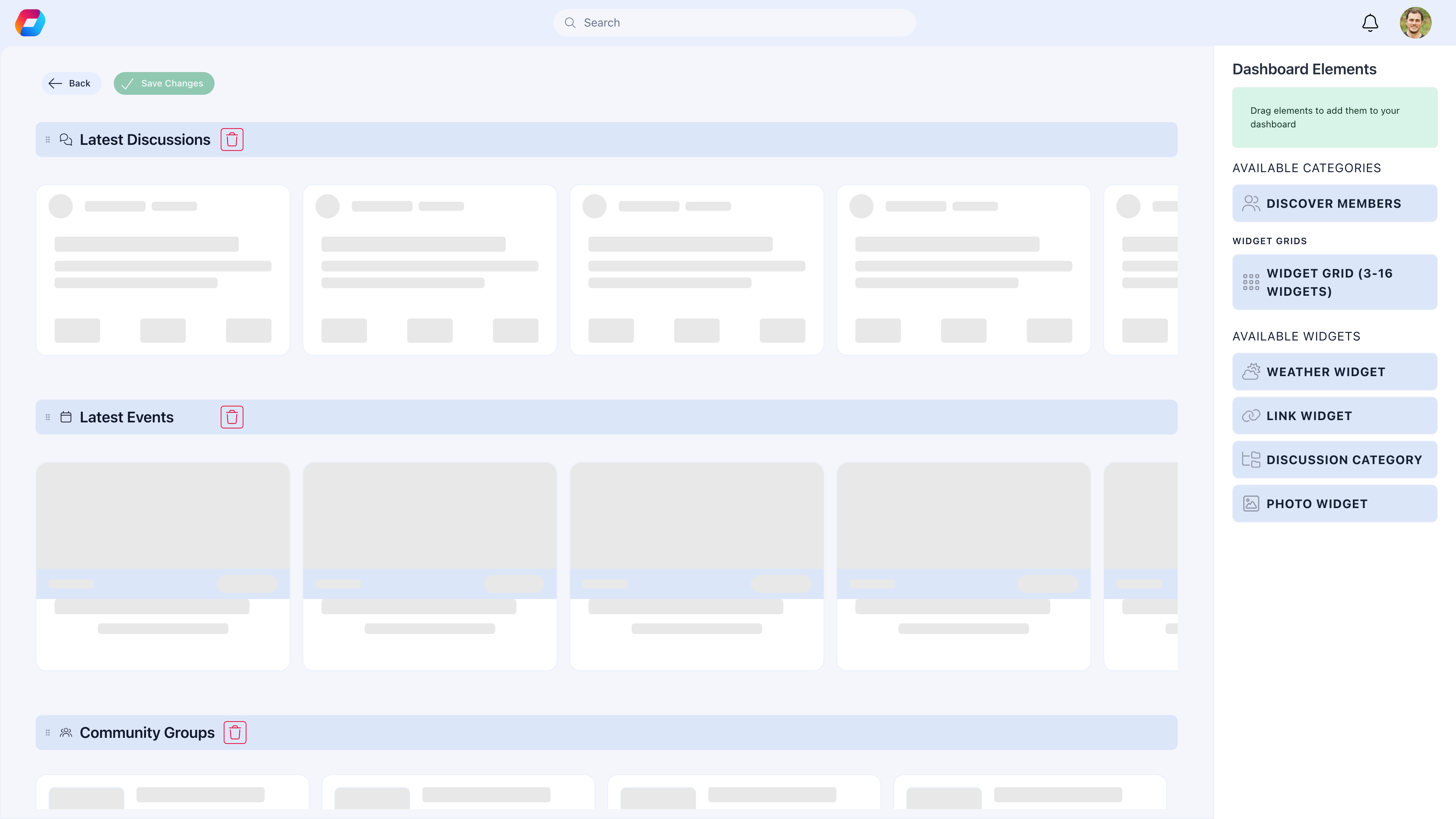 Dashboard organizer with widget toggles and drag ordering