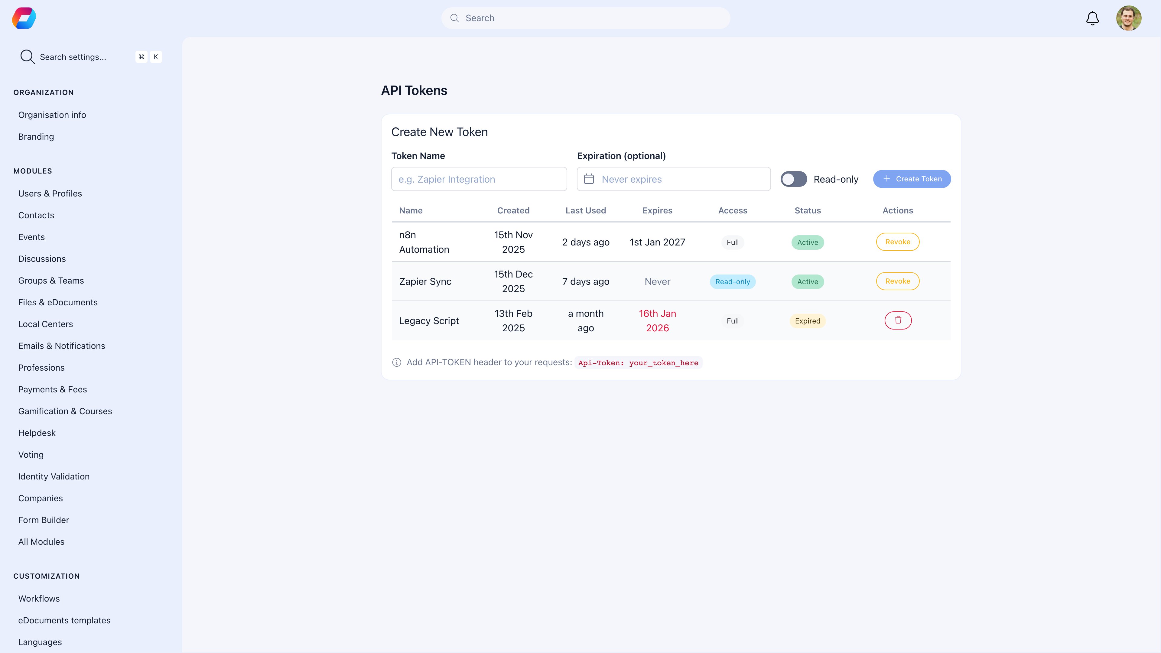 API tokens management page showing active and revoked tokens
