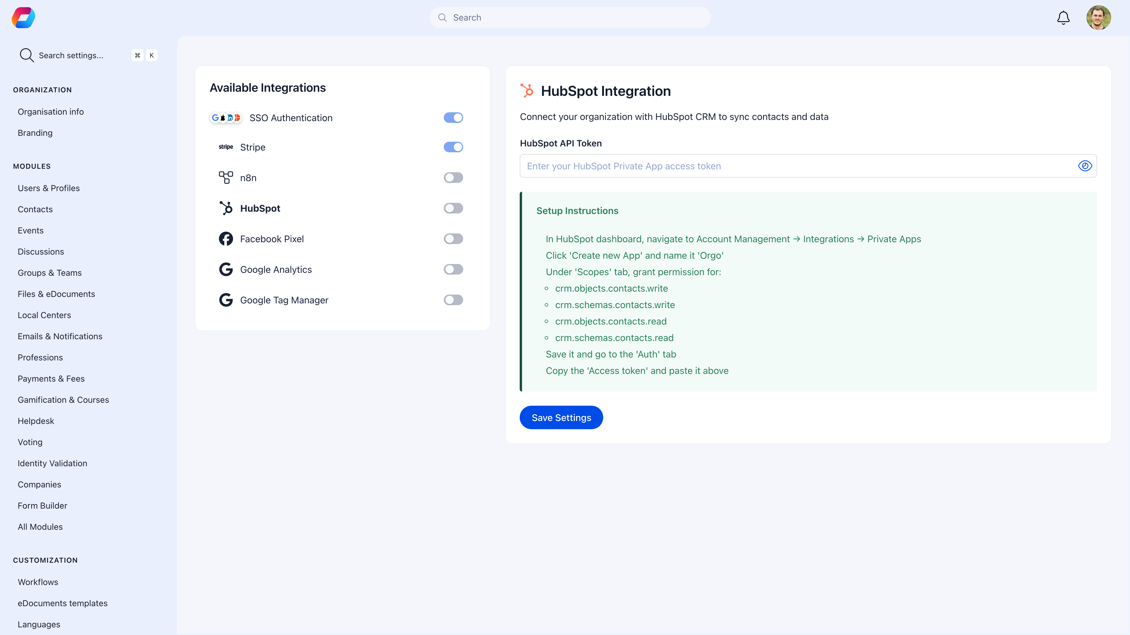 Integrations settings page with connected services