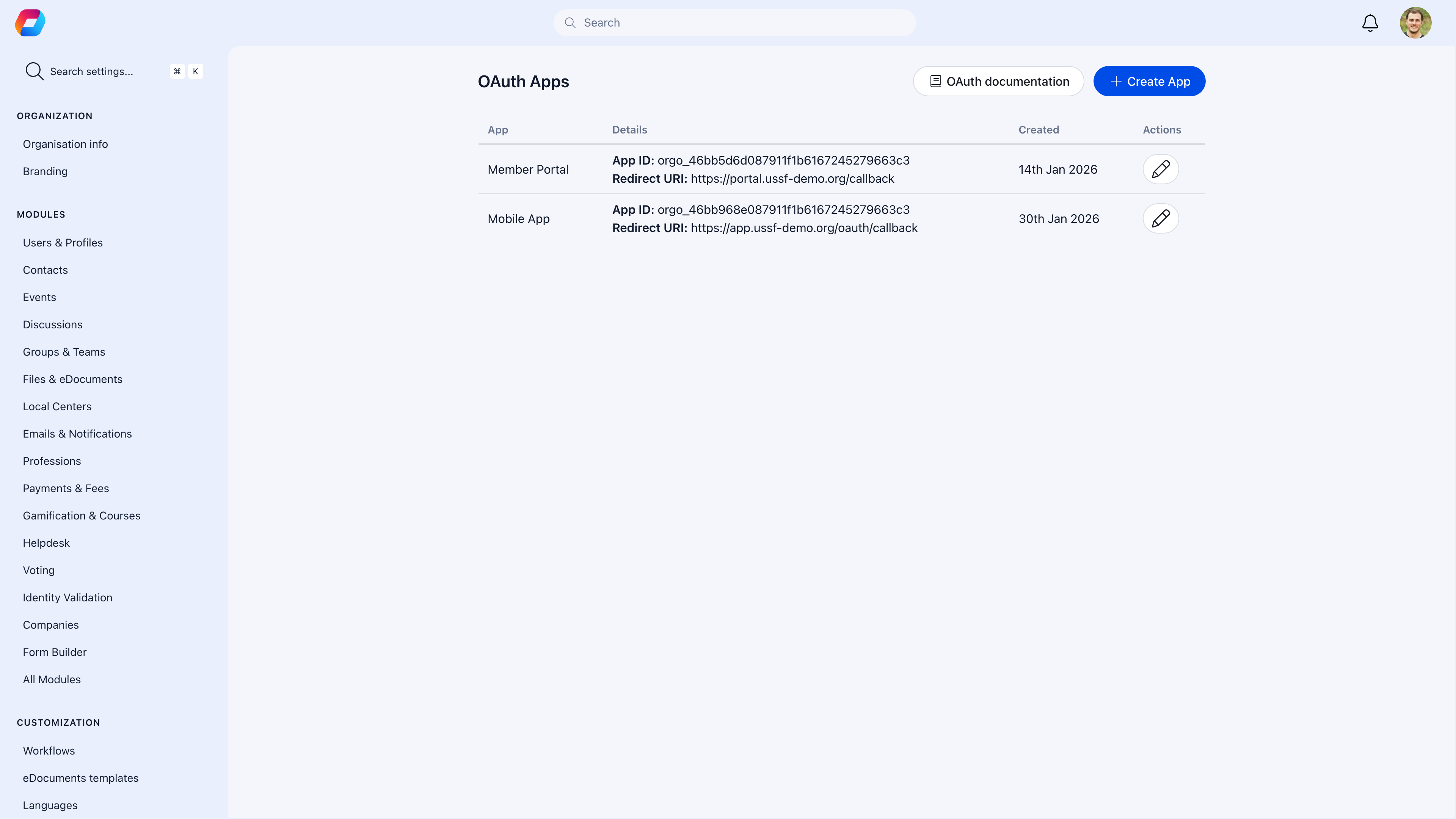 OAuth Apps management page showing configured applications