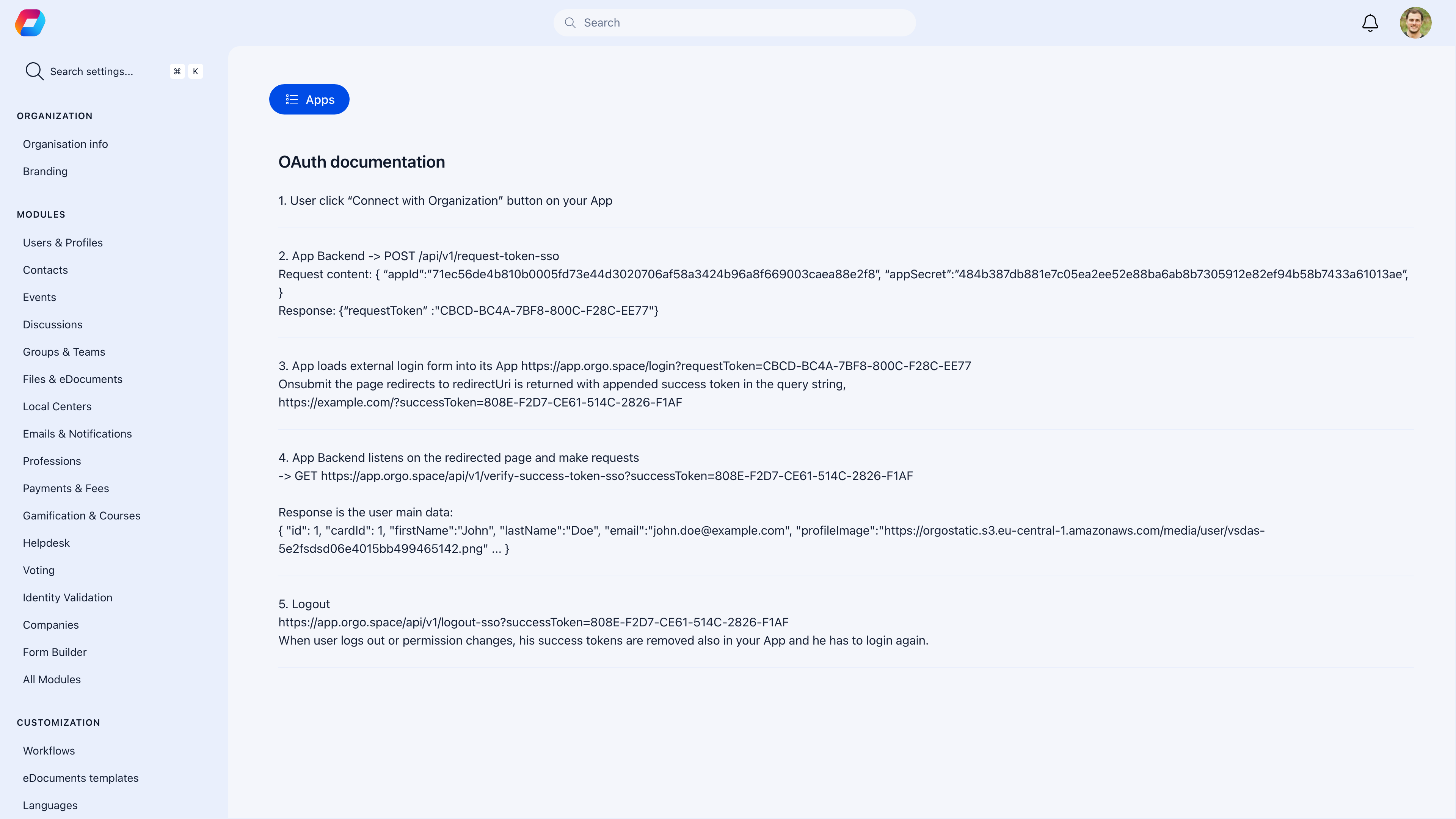 Built-in OAuth developer documentation page
