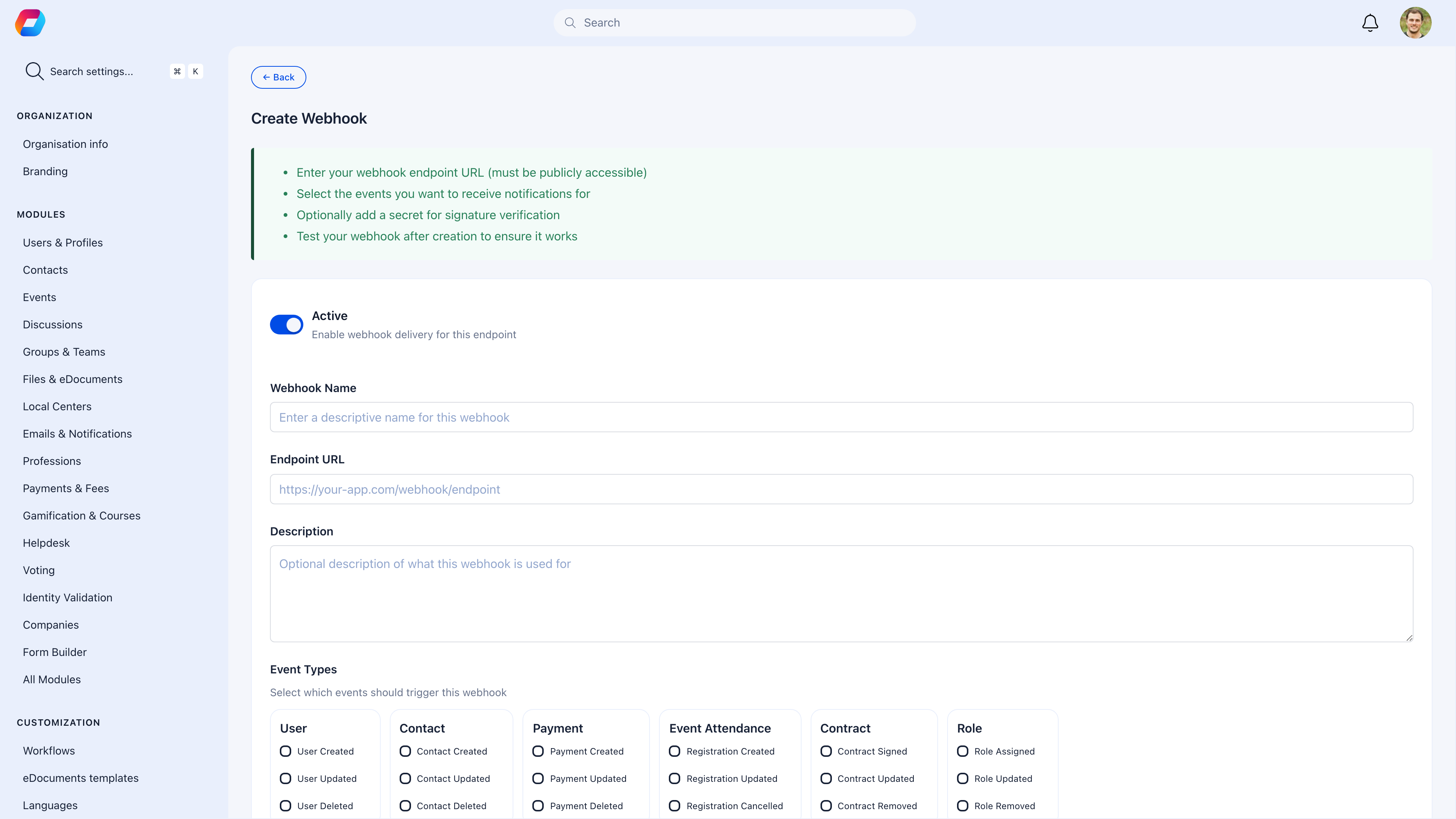 Webhook creation form with event type selection